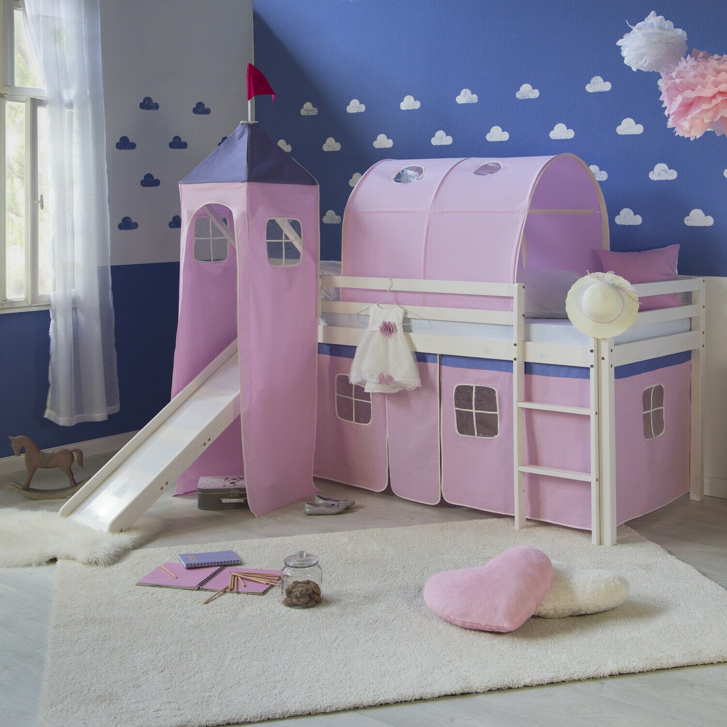 Homestyle4u Hochbett Kinderbett mit Leiter und Vorhang Weiß Rosa Holz Kiefer mit Rutsche, Tunnel und Turm