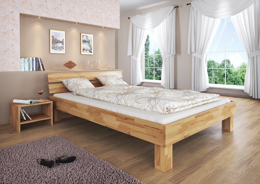 natur lackiert mit 160x200 Matratze, Buchefarblos Rollrost + ERST-HOLZ Buche Doppelbett Bett