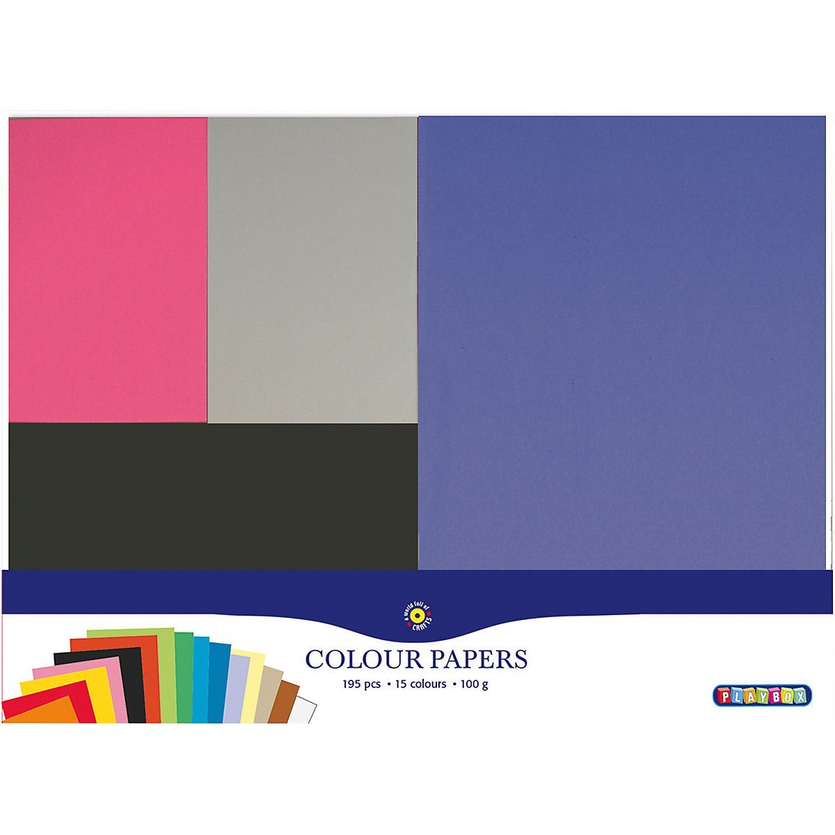 Playbox Papierdekoration Sortiment Buntes Papier, 195 Blatt in 15 Farben
