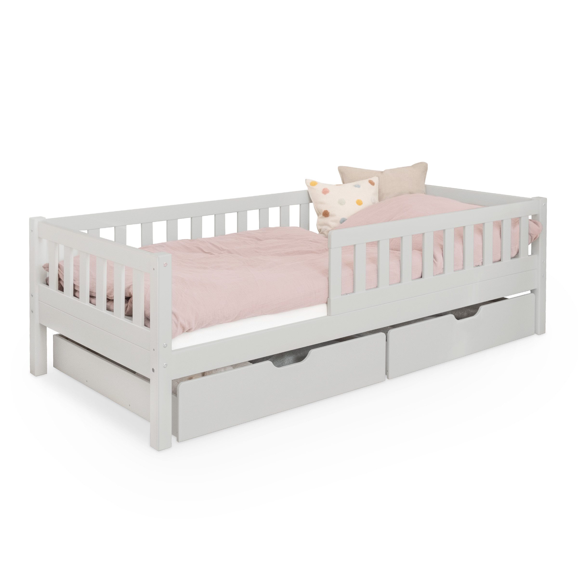 Ehrenkind Kinderbett Lille aus massivem Kieferholz inkl. Rollrost und Rausfallschutz (90x200 cm Hellgrau, 2-in-1: Mit optionalem Umbauset zum Bodenbett umbaubar), flexibler Rausfallschutz beidseitig montierbar