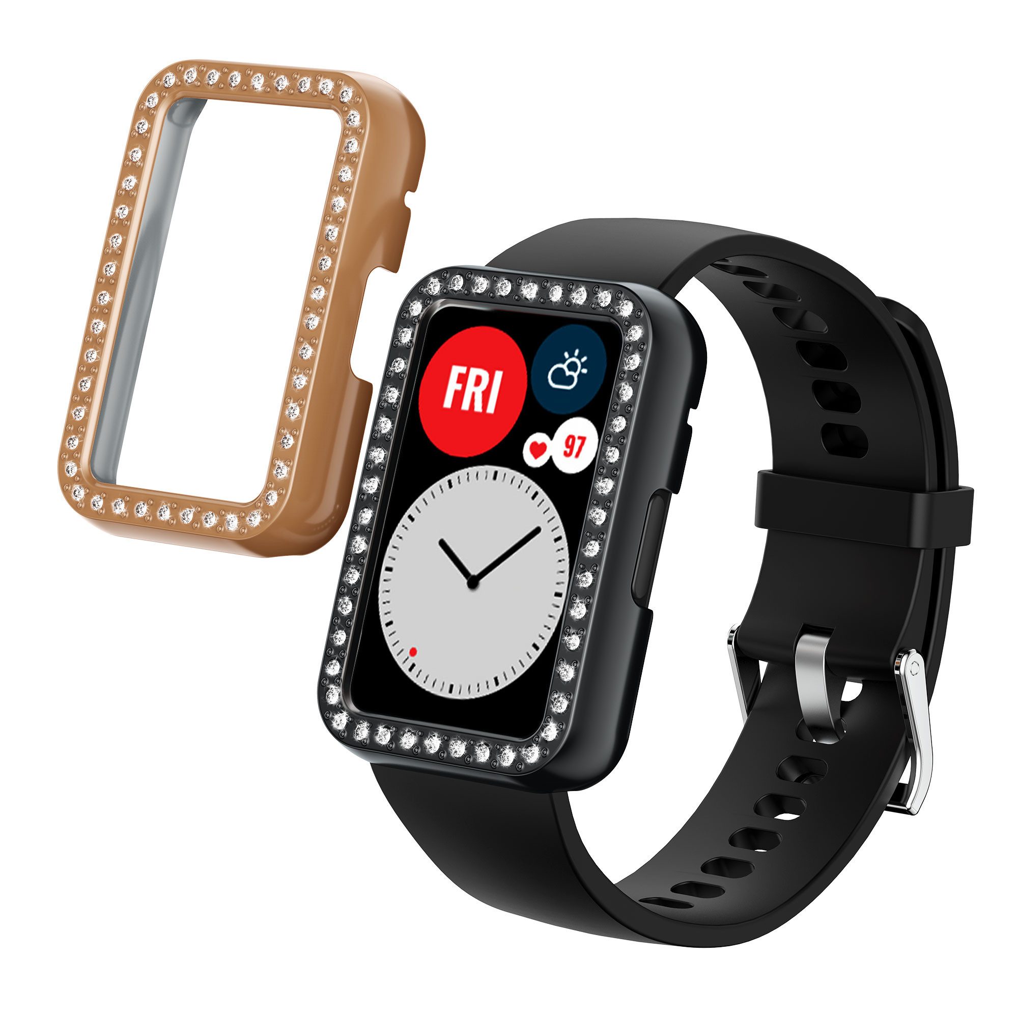 kwmobile Smartwatch-Hülle 2x Kunststoff Hülle für Huawei Watch Fit, Schutzrahmen - Glitzer Schutzhülle in Schwarz Rosegold