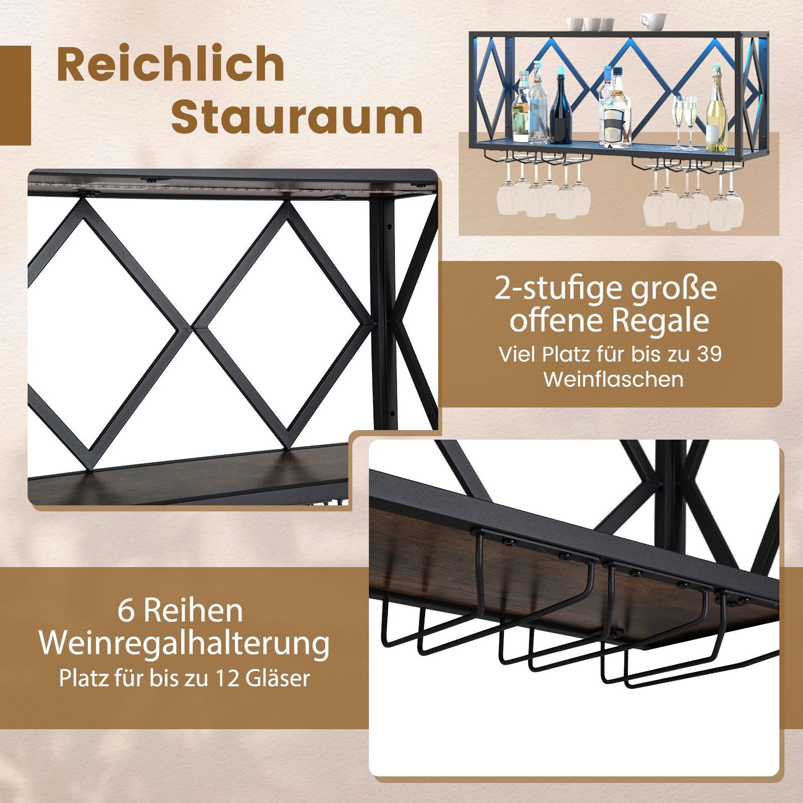 COSTWAY Weinregal, Wand mit LED, 2 Ebenen Flaschenregal Holz für 39 Flaschen