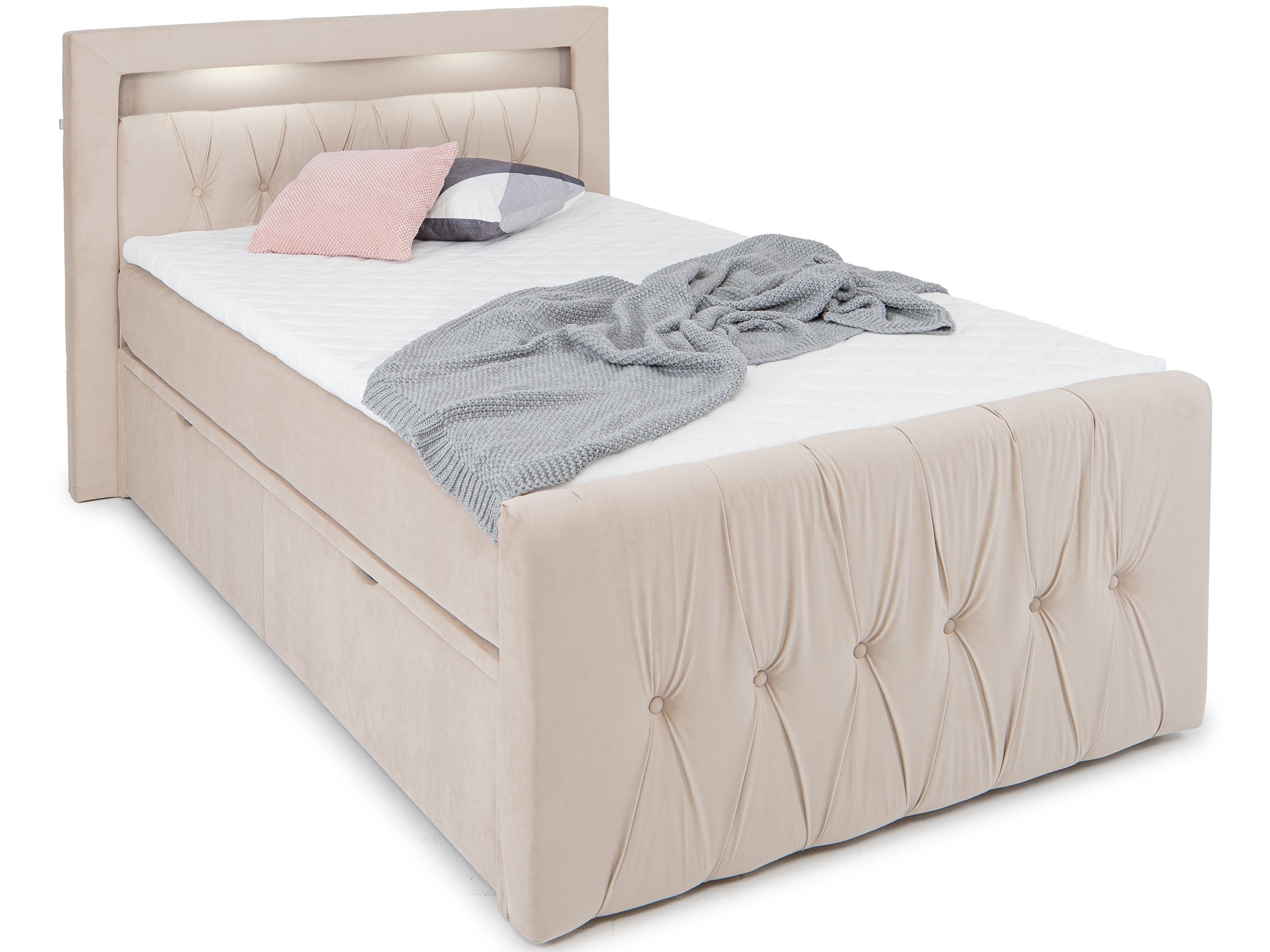 wonello Boxspringbett Valencia, LED-Beleuchtung inkl. Beige und Stauraum, mit Topper