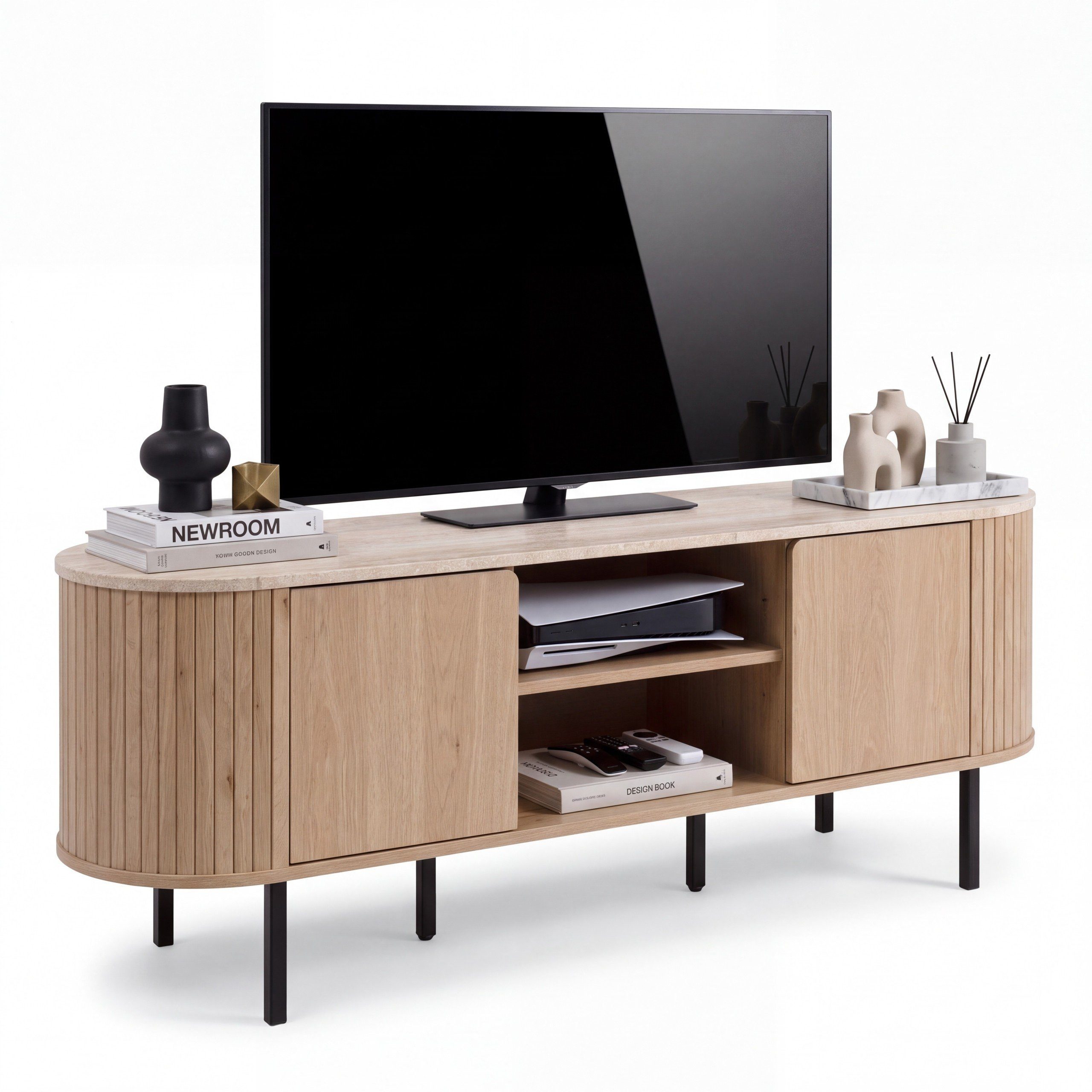 Newroom TV-Board Eiche Travertin-Optik 140 cm, Lowboard TV-Schrank mit 2 Türen, offenen Fächern und Push-to-open