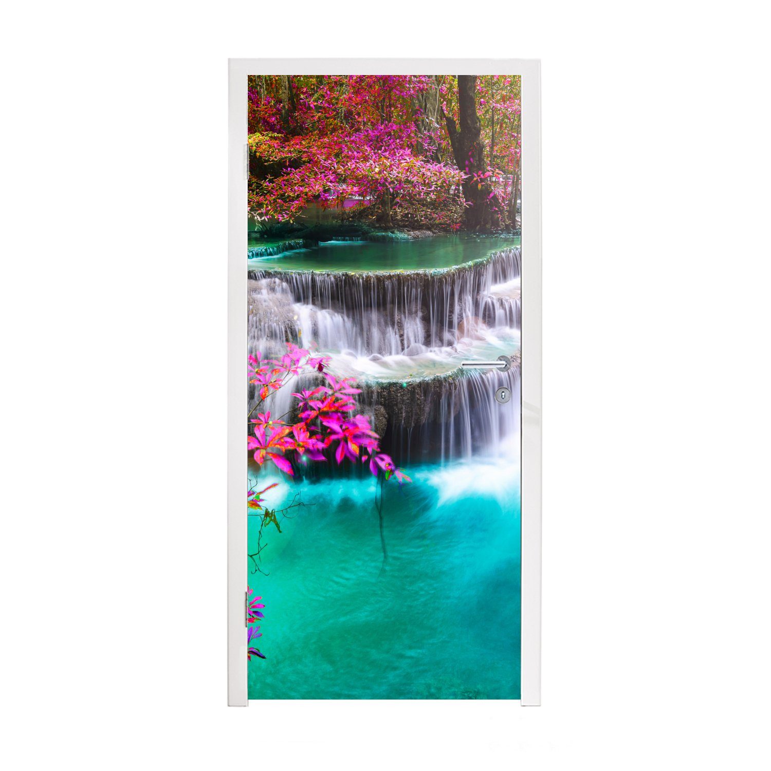 MuchoWow Türtapete Wasserfall - Sonne - Bäume - Regenbogen - Natur, Matt, bedruckt, (1 St), Fototapete für Tür, Türaufkleber, 75x205 cm