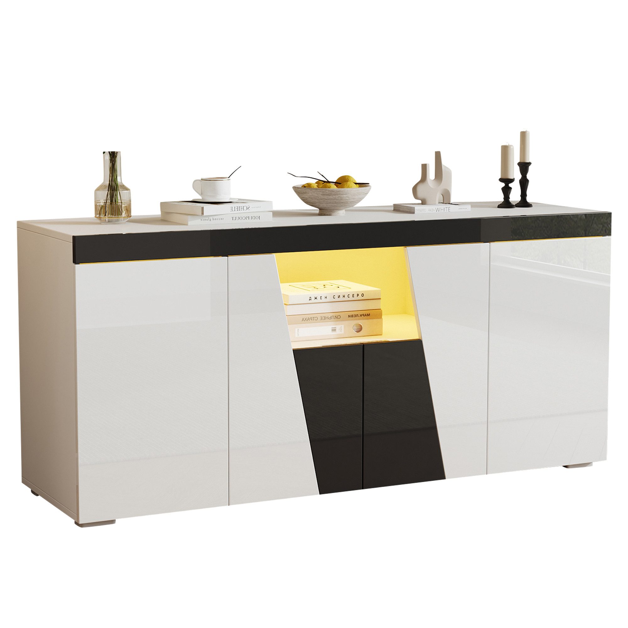 autolock Eckkommode Wohnzimmersideboard,Großer Aufbewahrungsschrank mit 3 Schränken+4 Tür, Moderne Kommode mit LED-Lichtleiste,Abgewinkeltes Design,140x40x65cm