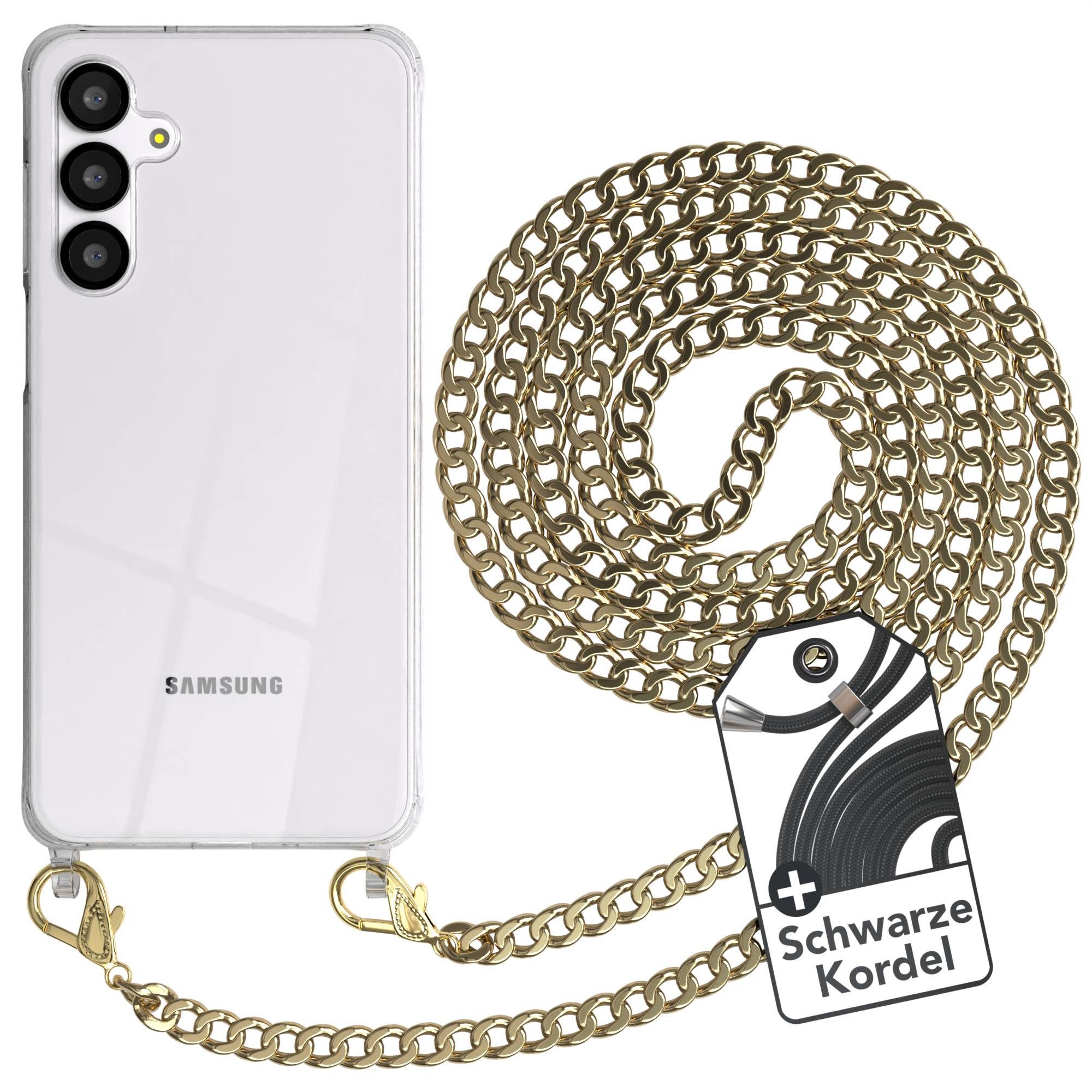 EAZY CASE Handykette 2in1 Metallkette für Samsung Galaxy A16 6,7 Zoll, Hülle mit Band Silikonhülle durchsichtig Necklace Cover Slimcover Gold