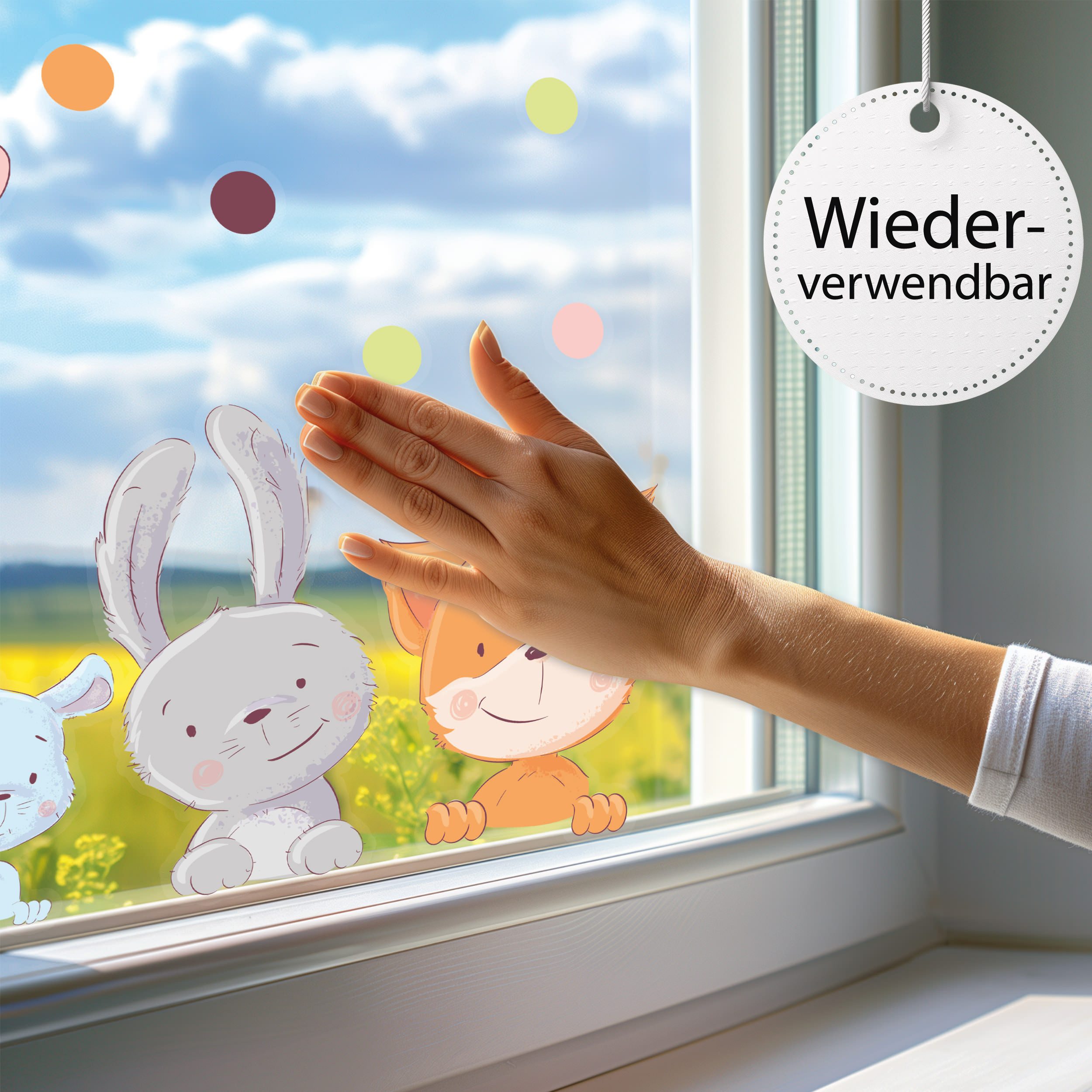 Sunnywall Fensterdekoration wiederverwendbares Fensterbild Schaf Fuchs Hase Maus, wiederverwendbar, statisch haftend, beidseitiger Druck