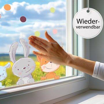 Sunnywall Fensterdekoration wiederverwendbares Fensterbild Schaf Fuchs Hase Maus, wiederverwendbar, statisch haftend, beidseitiger Druck, nachhaltig