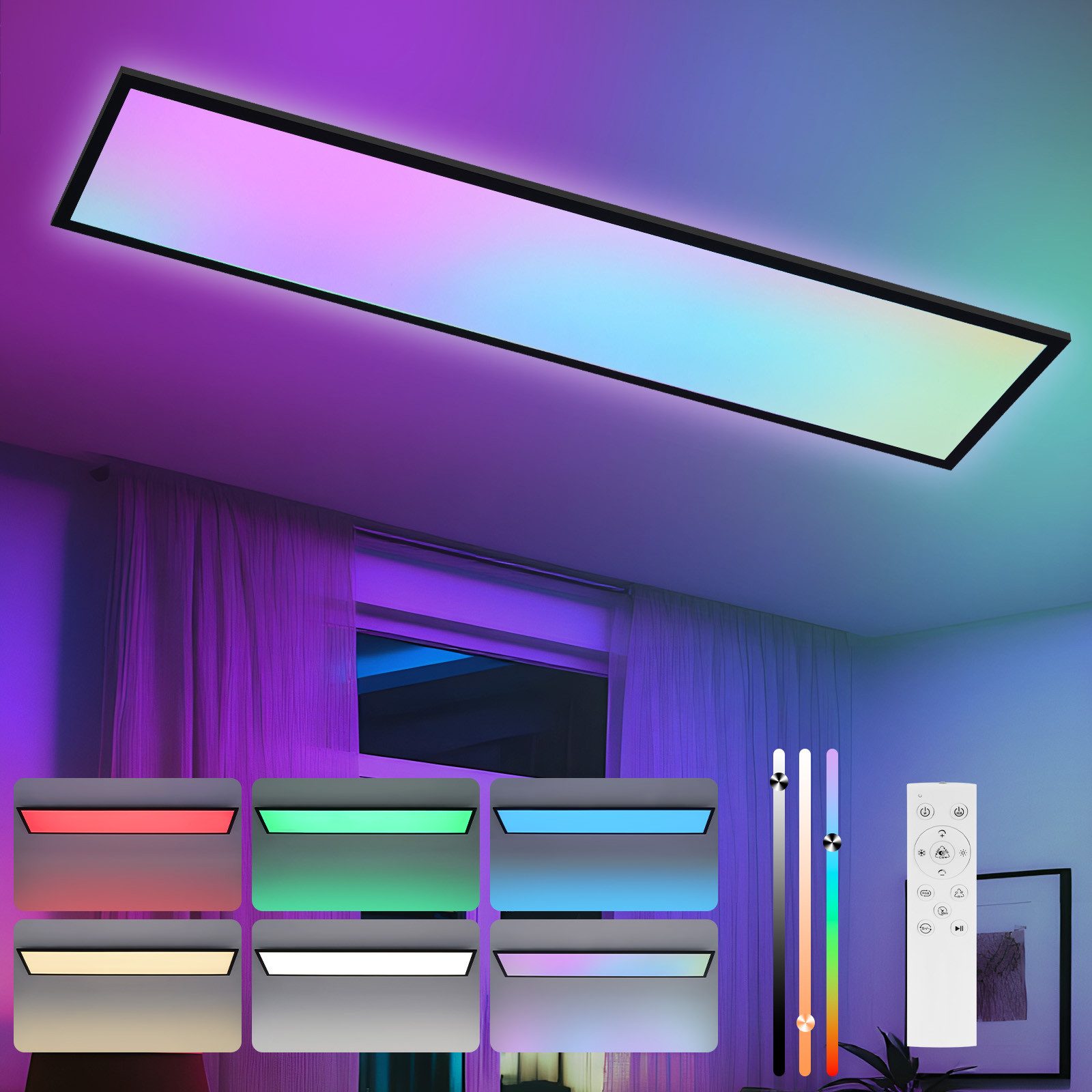 Nettlife LED Panel RGB Dimmbar 120x30 mit Fernbedienung 36W Lang Tageslichtlampe Büro, Dimmbar, LED fest integriert, Farbwechsel, für Werkstatt Flur Wohnzimmer Esszimmer