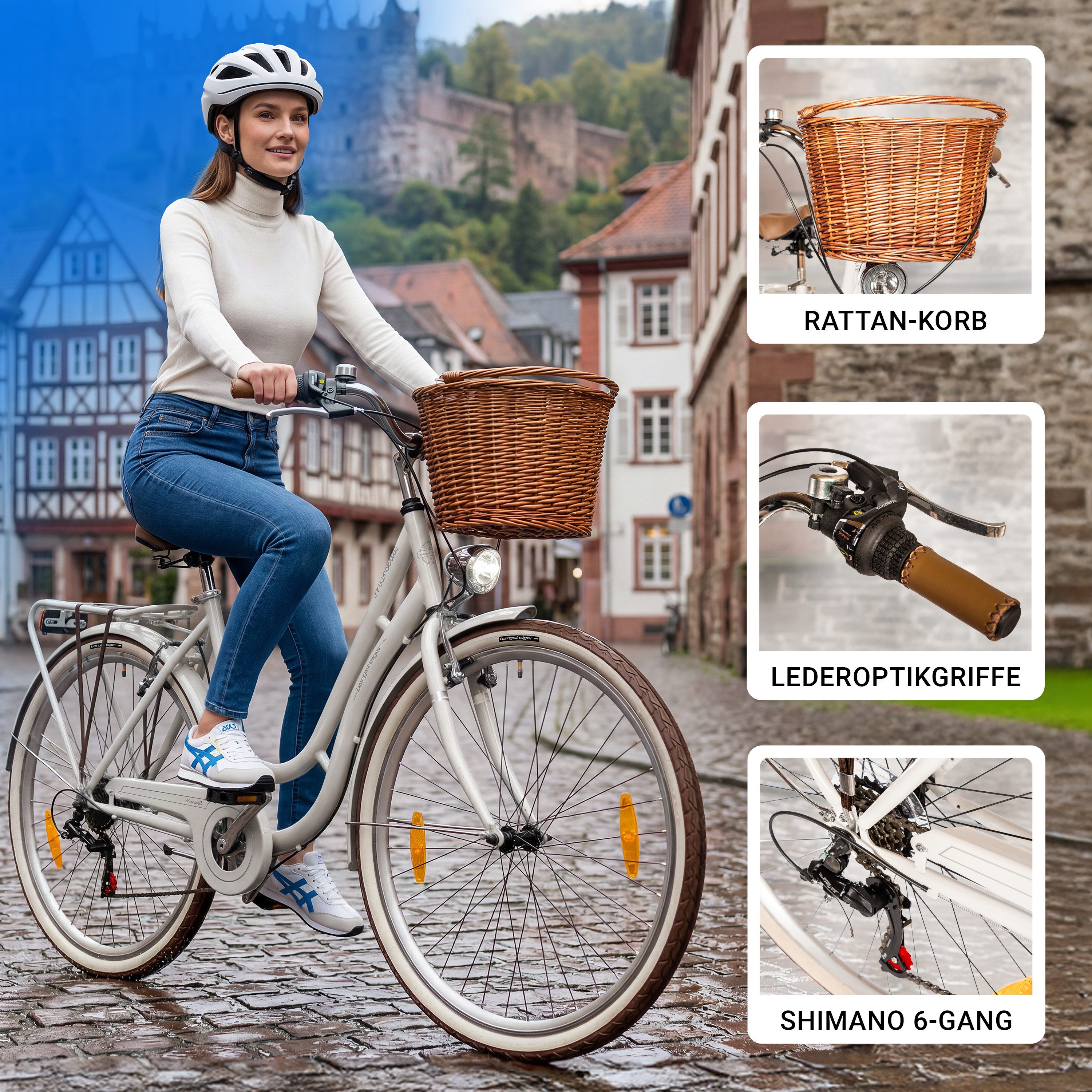 bergsteiger Cityrad Marseille 26 Zoll, 28 Zoll Damenfahrrad, ab 150 cm, Korb aus Rattan, 6 Gang, Kettenschaltung, V-Bremsen