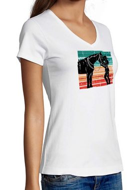 MyDesign24 T-Shirt Damen Pferde Print Shirt bedruckt - Pferd mit Frau V-Ausschnitt Baumwollshirt mit Aufdruck Slim Fit, i135