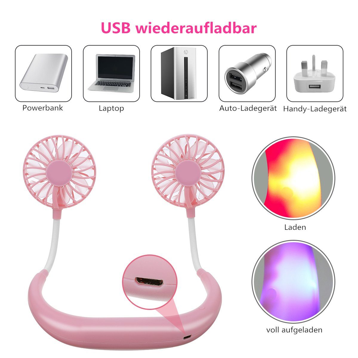 USB-Ventilator, 3 Mini Rosa Windgeschwindigkeiten Nackenlüfter Insma Tragbarer