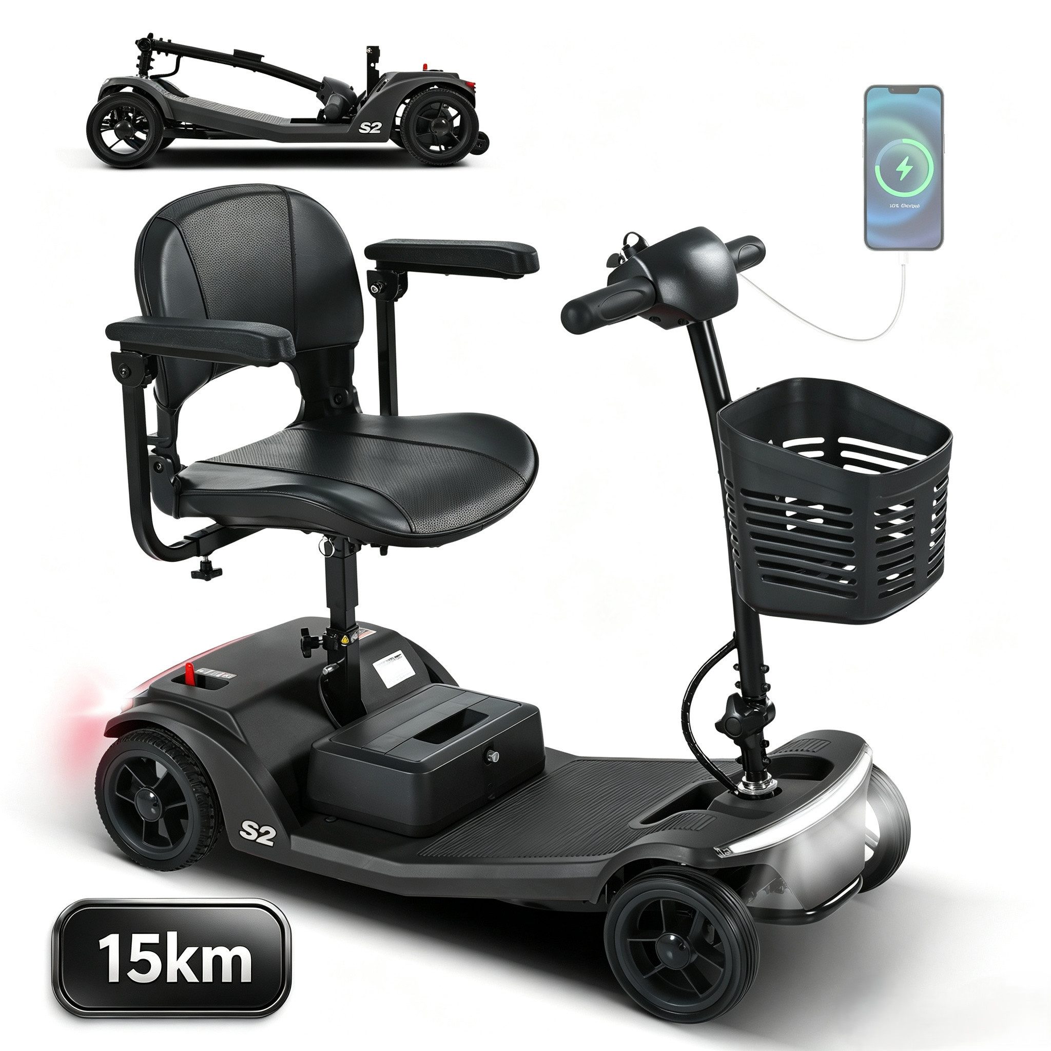 muvano Elektromobil 136 kg Tragkraft, 15km Reichweite, USB, LED-Licht, Seniorenmobil, 250 W, 6 km/h, führerscheinfrei, KOMPAKT & FALTBAR
