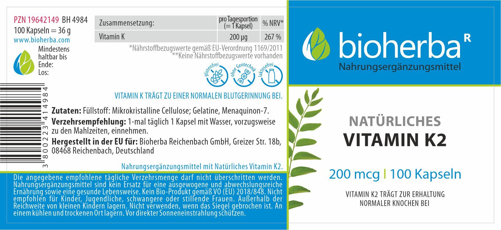 BIOHERBA R Bioherba Natürliches Vitamin K2 200 mcg 100 Kapseln Tropfen, 1 er