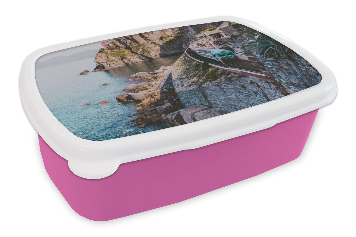 MuchoWow Lunchbox Italien - Zug - Meer, Kunststoff, (2-tlg), Brotbox für Erwachsene, Brotdose Kinder, Snackbox, Mädchen, Kunststoff rosa