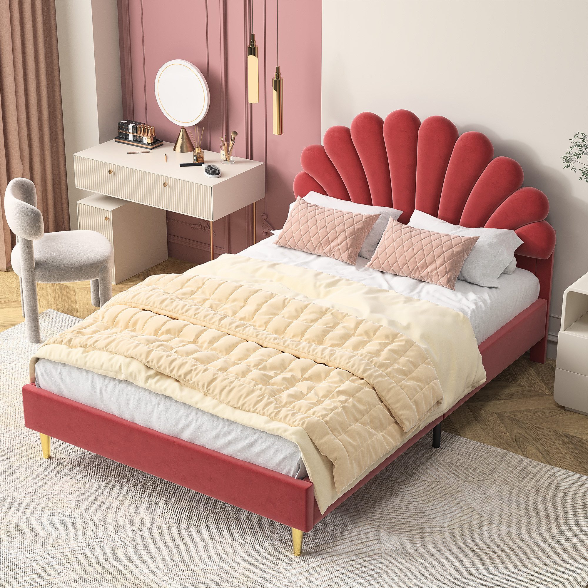 zebery Polsterbett Kinderbett Doppelbett Blütenblattform (Set, 1-tlg., 140x200cm Bett), Samt,Rosa