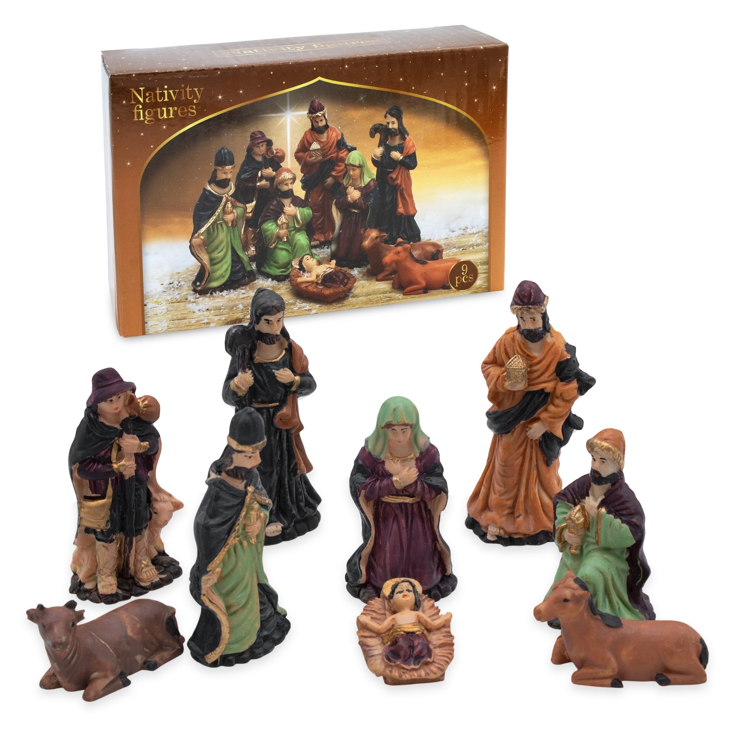 Spetebo Krippe Weihnachtskrippe Nativity Figuren - 9-teiliges Set (1-tlg), Krippen Stall Tisch Advent Dekoration