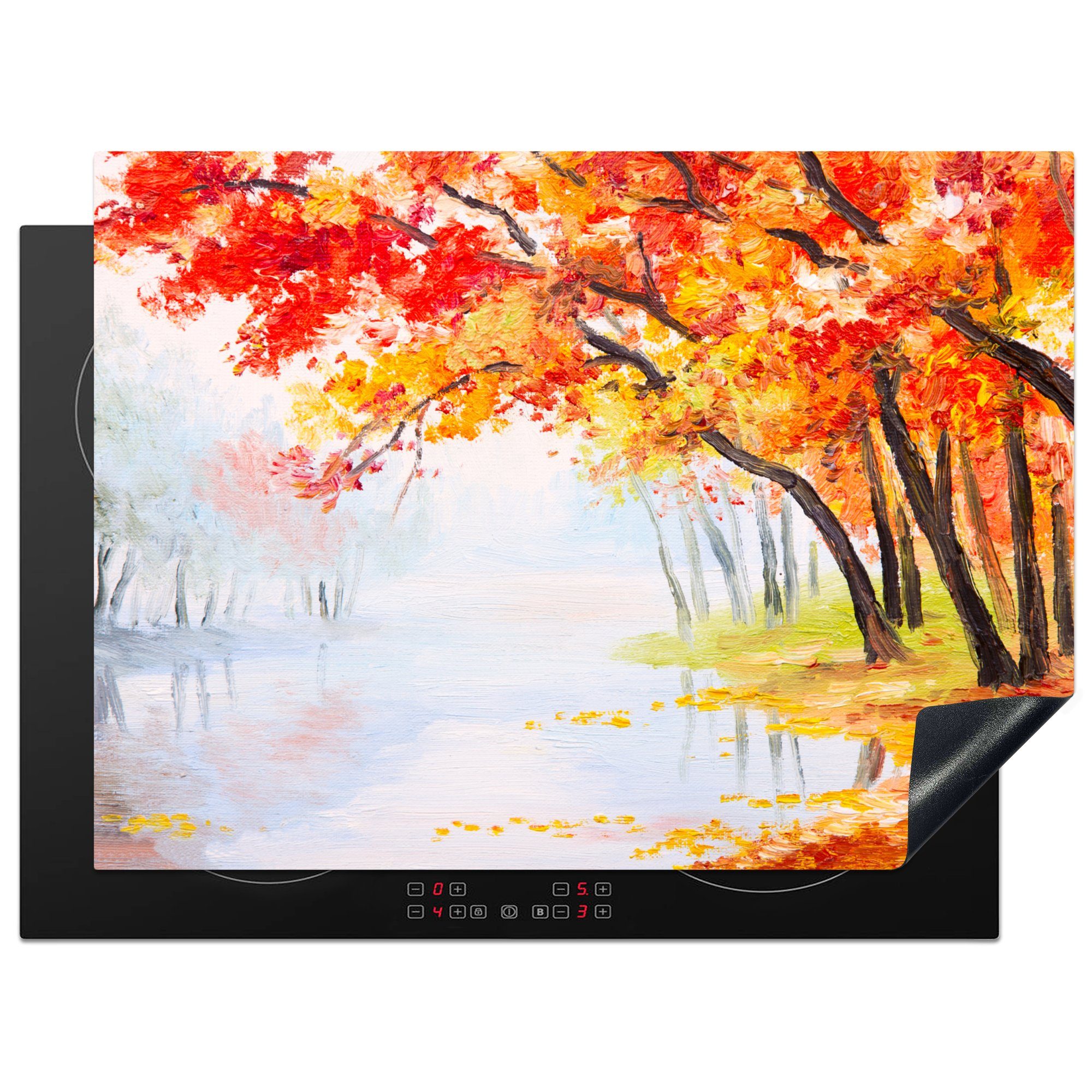 MuchoWow Herdblende-/Abdeckplatte Gemälde - Herbst - Bäume - Wasser - Ölfarbe, Vinyl, (1 tlg), 70x52 cm, Mobile Arbeitsfläche nutzbar, Ceranfeldabdeckung