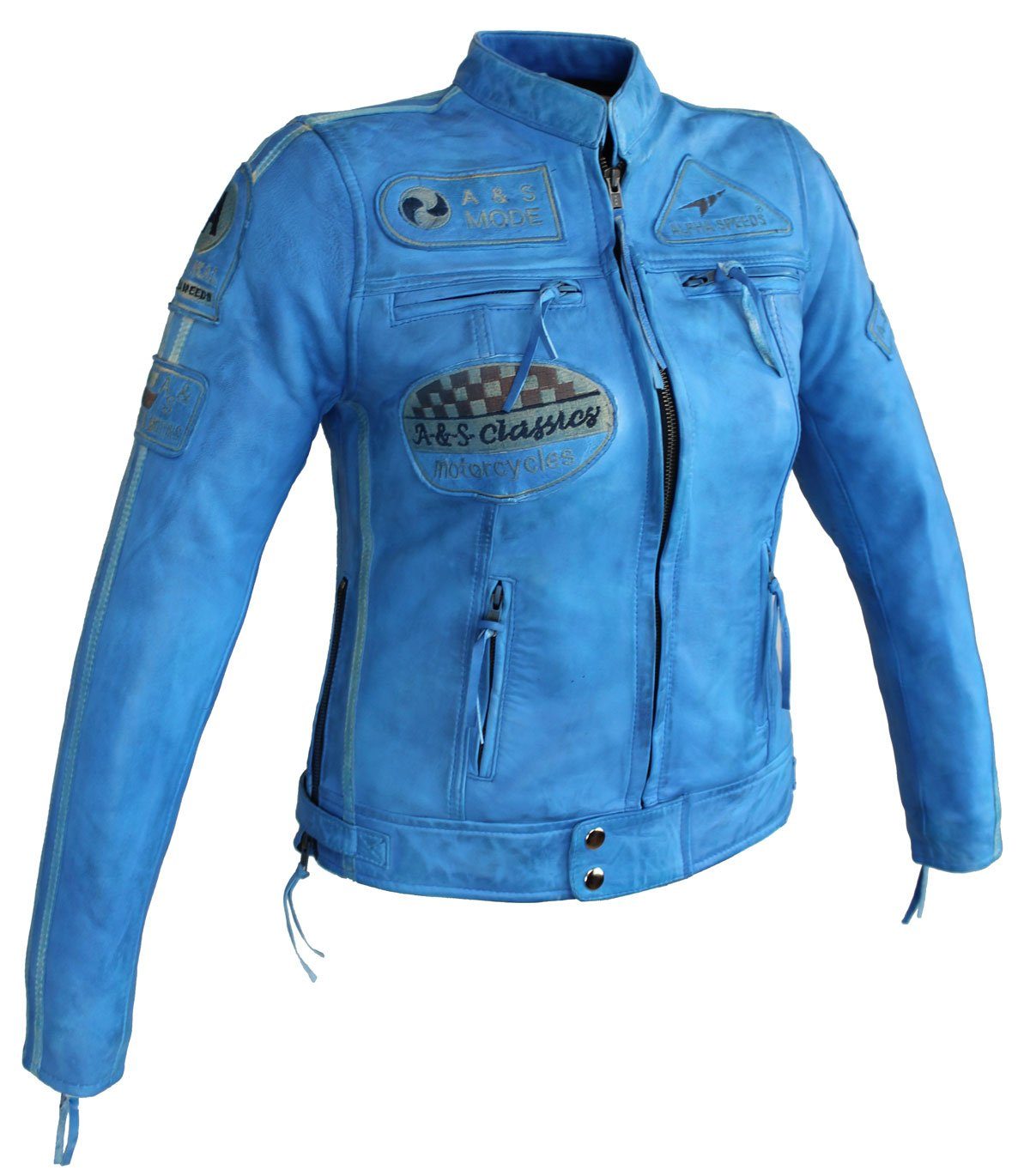 Alpha Speeds Lederjacke Damen Motorrad Leder Jacke Biker, Freizeit Highway Jacke Blau aus weichem Lammleder, mit Protektoren & Kapuze – Bild 3 von 5