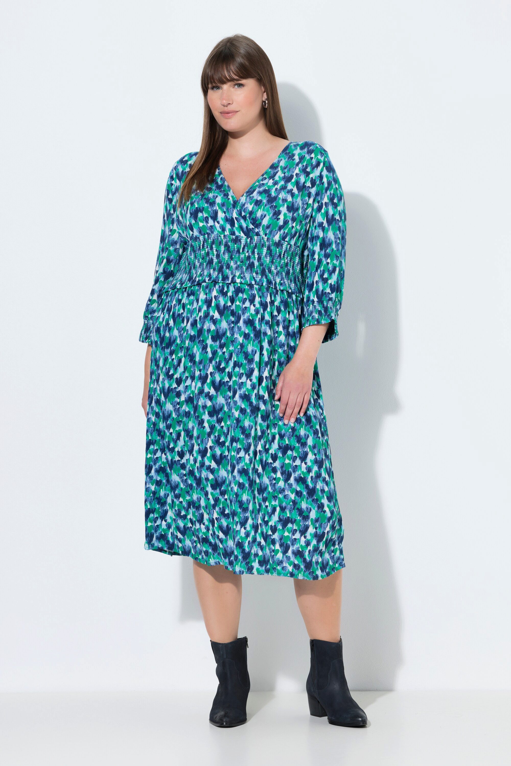 Ulla Popken Jerseykleid Midikleid Herzen Wickeloptik V-Ausschnitt 3/4-Arm