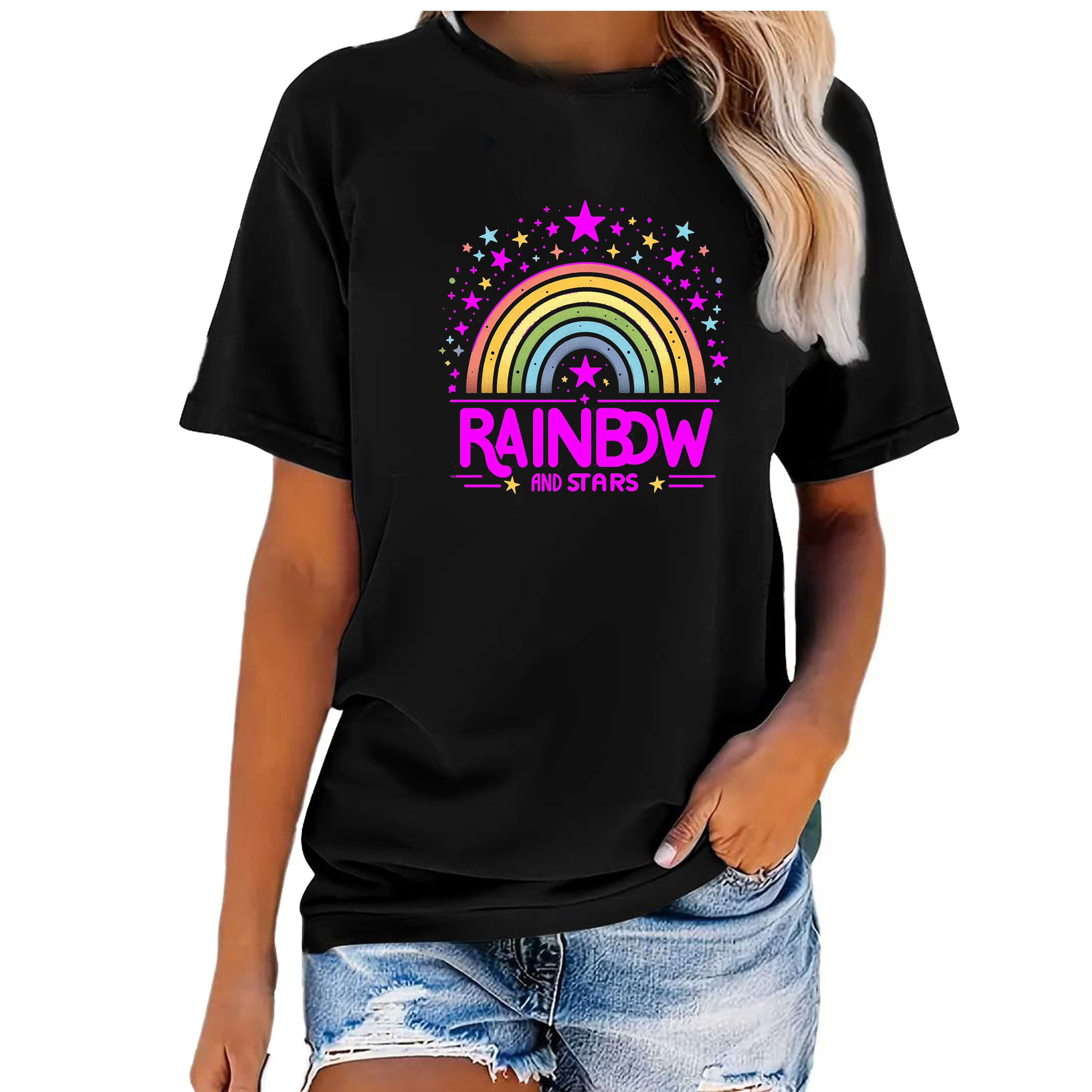 Banco T-Shirt Damen Kurzarm Rainbow Print Unifarben hochwertiger Print