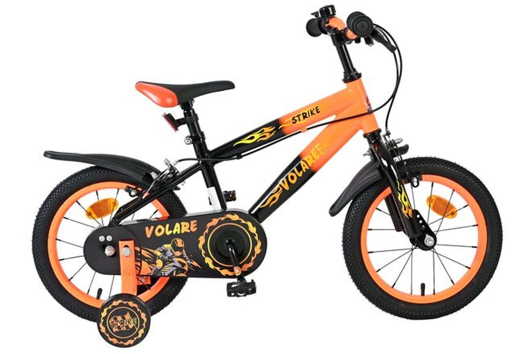 Volare Kinderfahrrad Strike Jungen 14 Zoll Schwarz-Orange mit 2 Handbremsen & Stützrädern, Sportliches Design, geschlossener Kettenschutz, Luftreifen