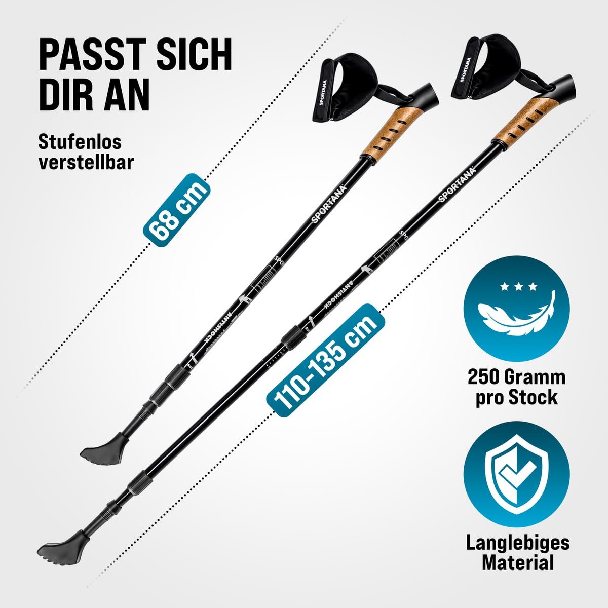 Sportana Nordic-Walking-Stöcke (1 St), Damen Herren Wanderstöcke Teleskop Trekkingstöcke Gummipuffer Federung – Bild 4 von 5