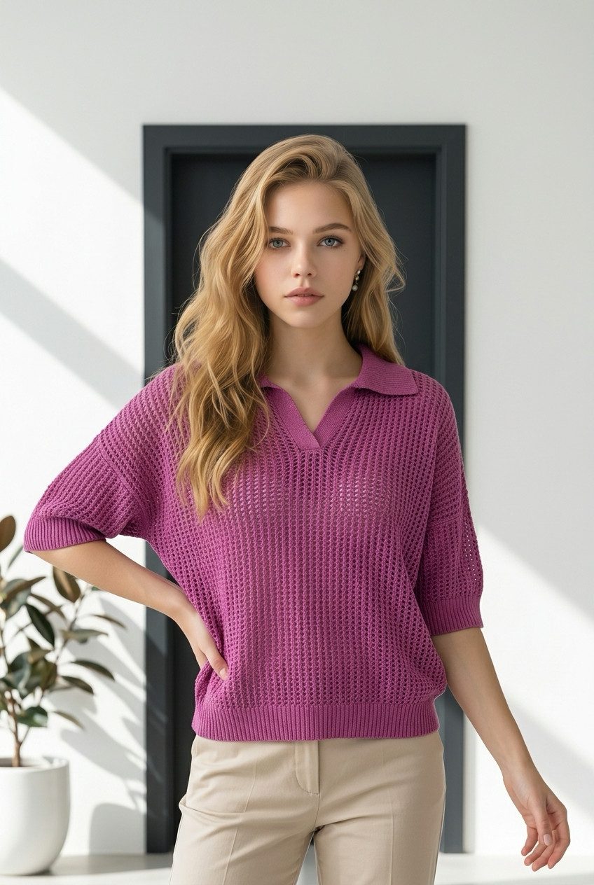 Zuckerwatte Ajourpullover modisch kurze Form aus wertiger Baumwollmischung
