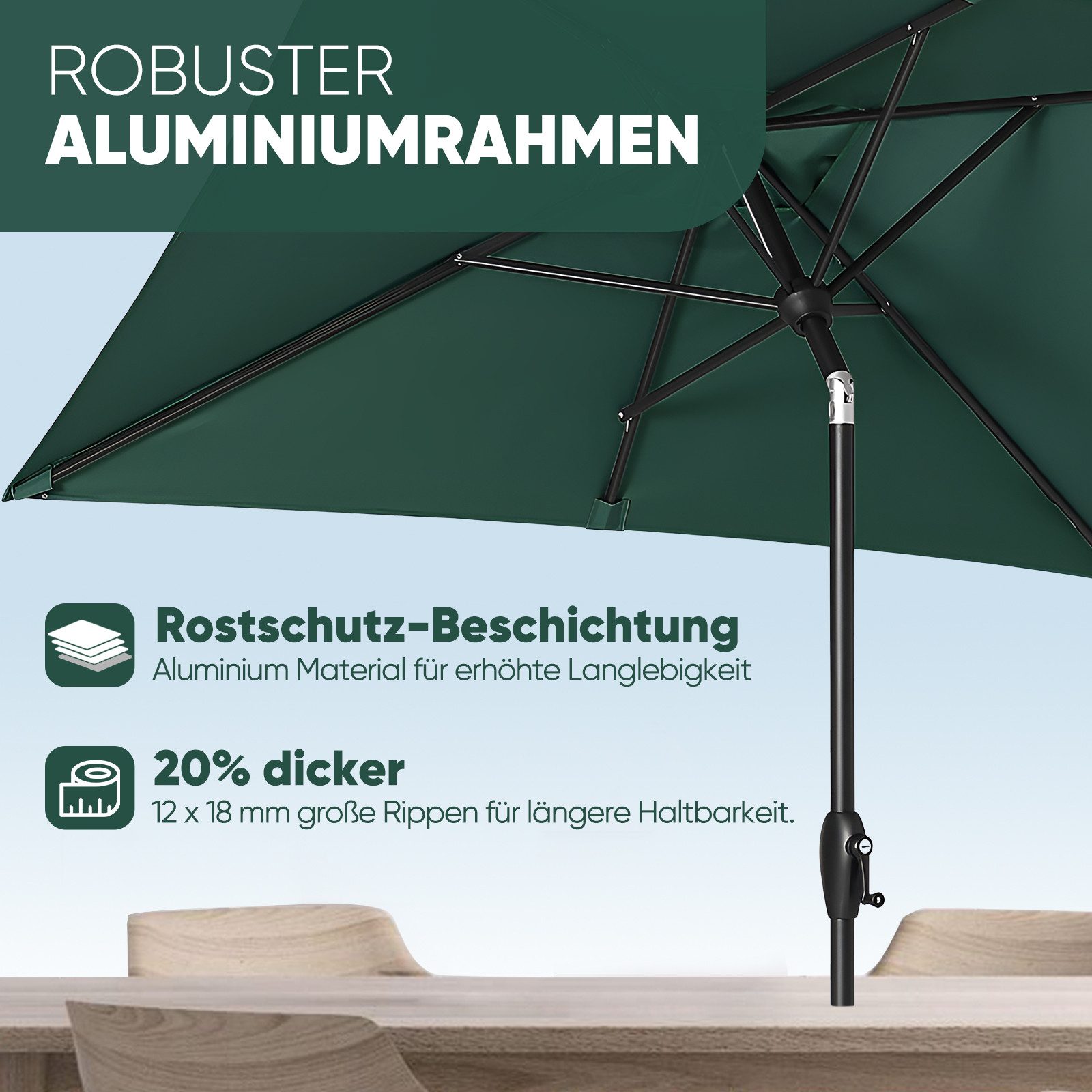 Sekey Sonnenschirm 210 x 140 cm Aluminum Sonnenschirm Rechteckig Marktschirm mit Kurbel, LxB: 210,00x140,00 cm, mit/ohne LED-Lichtern, Sonnenschutz UV50+, Gartenschirm Knickbar