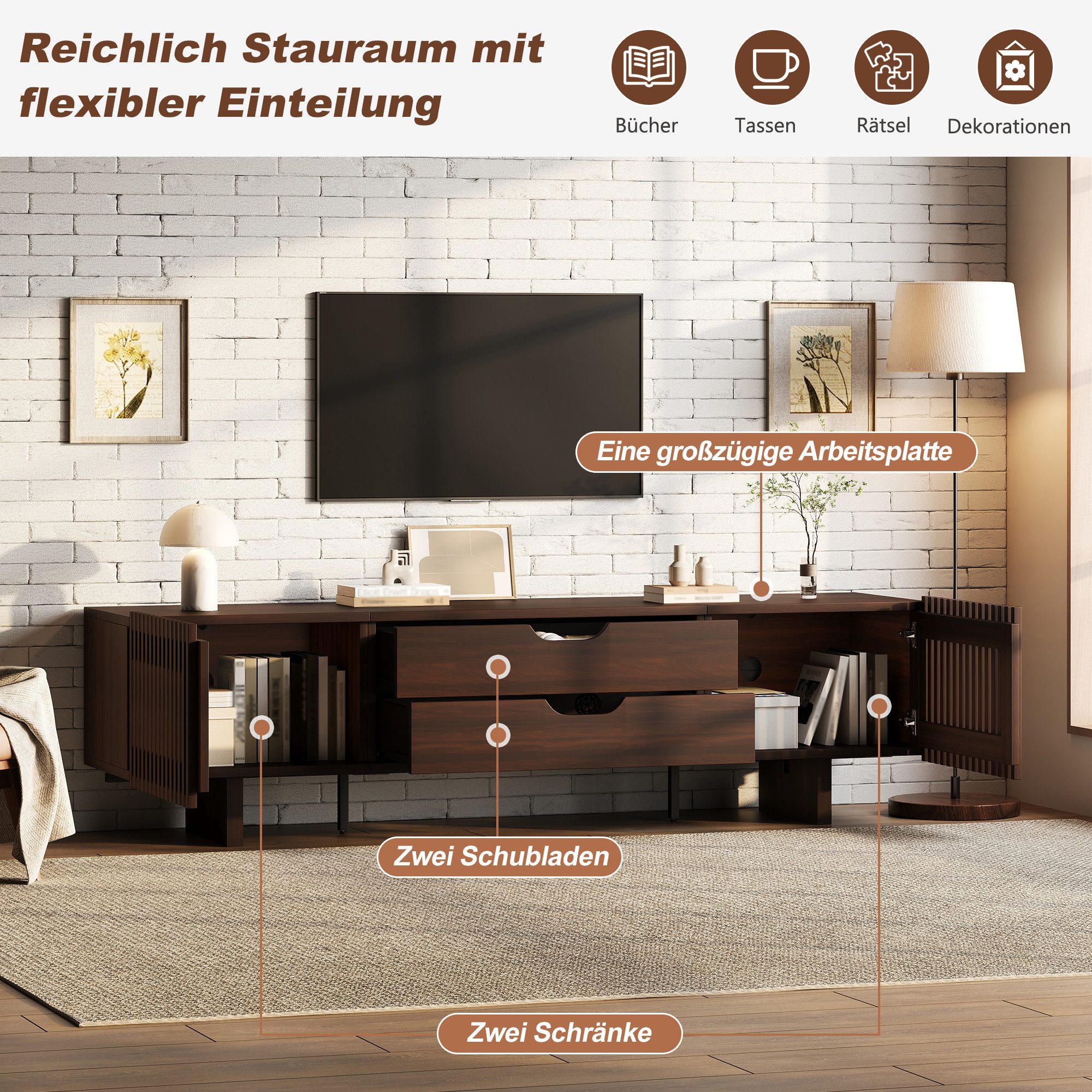 Yorbay TV-Bank Vintage Nussbaum Lowboard, 180x40x45cm, Lamellentür-Design, Fernsehschrank mit 2 großer Schubladen für Fernseher bis zu 75 Zoll