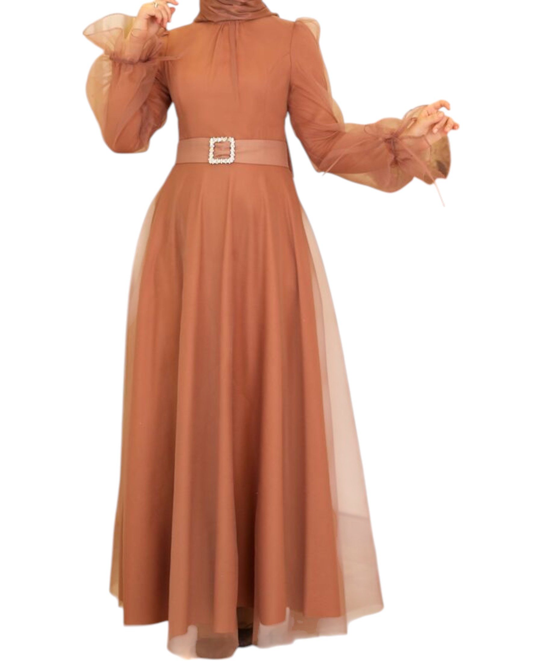 Modavitrini Abendkleid Damen Tüll Maxikleid Langarm – Festkleid mit Gürtel Modest Fashion Gürtel mit Schmucksteinen