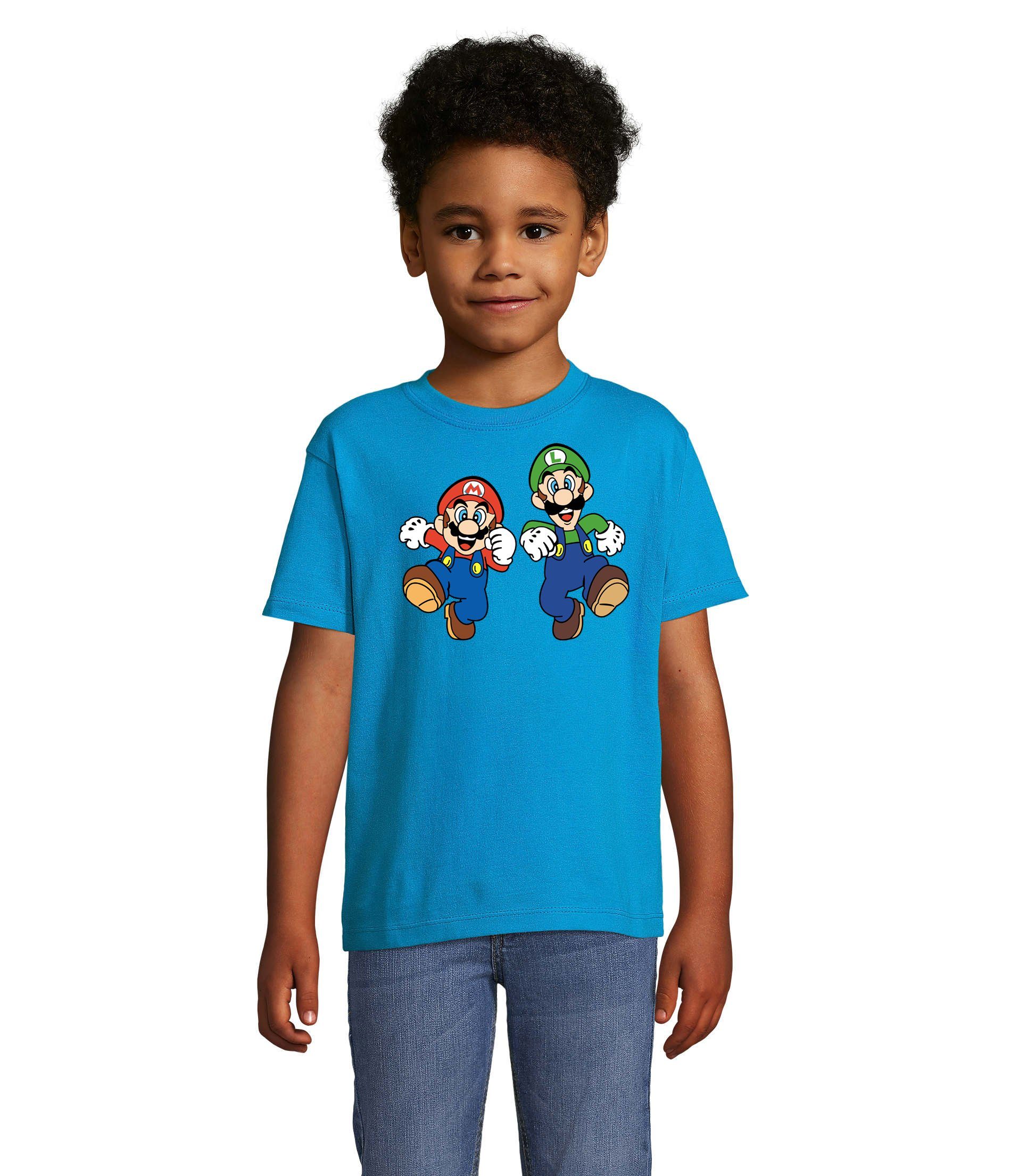 Blondie & Brownie T-Shirt Kinder Mario & Luigi Bowser Nintendo Yoshi Game Gamer Konsole Blau
