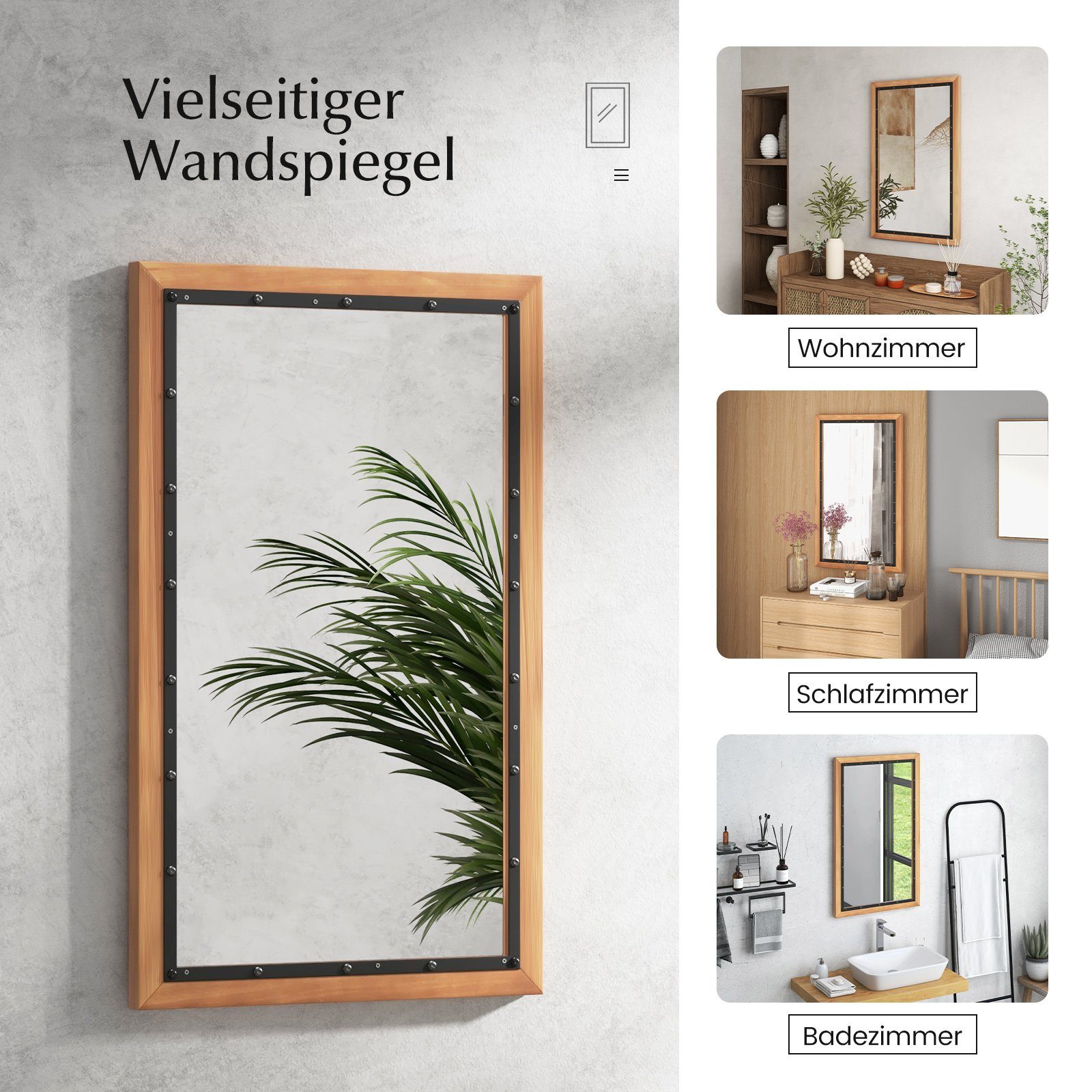 Holzrahmen, Wandspiegel 90 55 Spiegel, x mit COSTWAY cm unbrechbar,