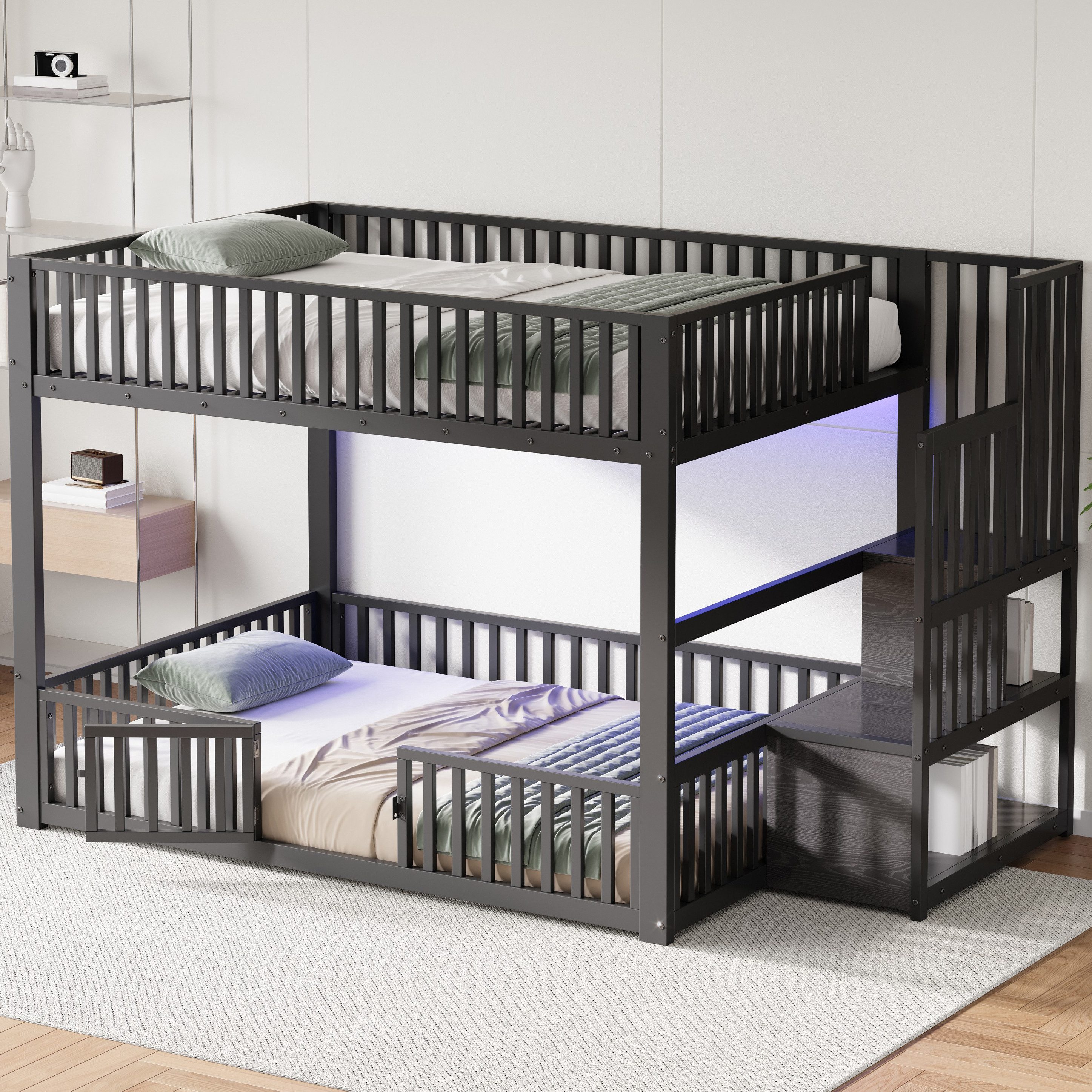 Merax Etagenbett mit LED-Beleuchtung (Jugendbett für Kinderzimmer, Gästezimmer, 1-St), Metallbett Kinderbett 140x200cm mit Stauraumleiter, Schutzgittern, Tür