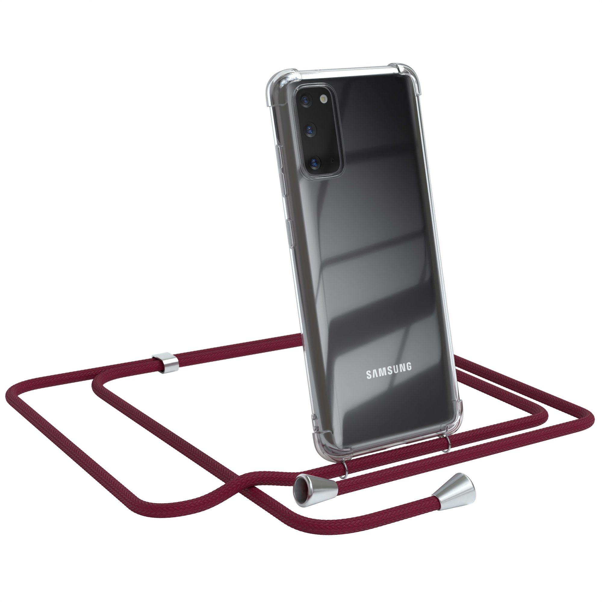 EAZY CASE Handykette Hülle mit Kette für Samsung Galaxy S20 6,2 Zoll, Silikonhülle durchsichtig mit Umhängeband Handytasche Bordeaux Rot