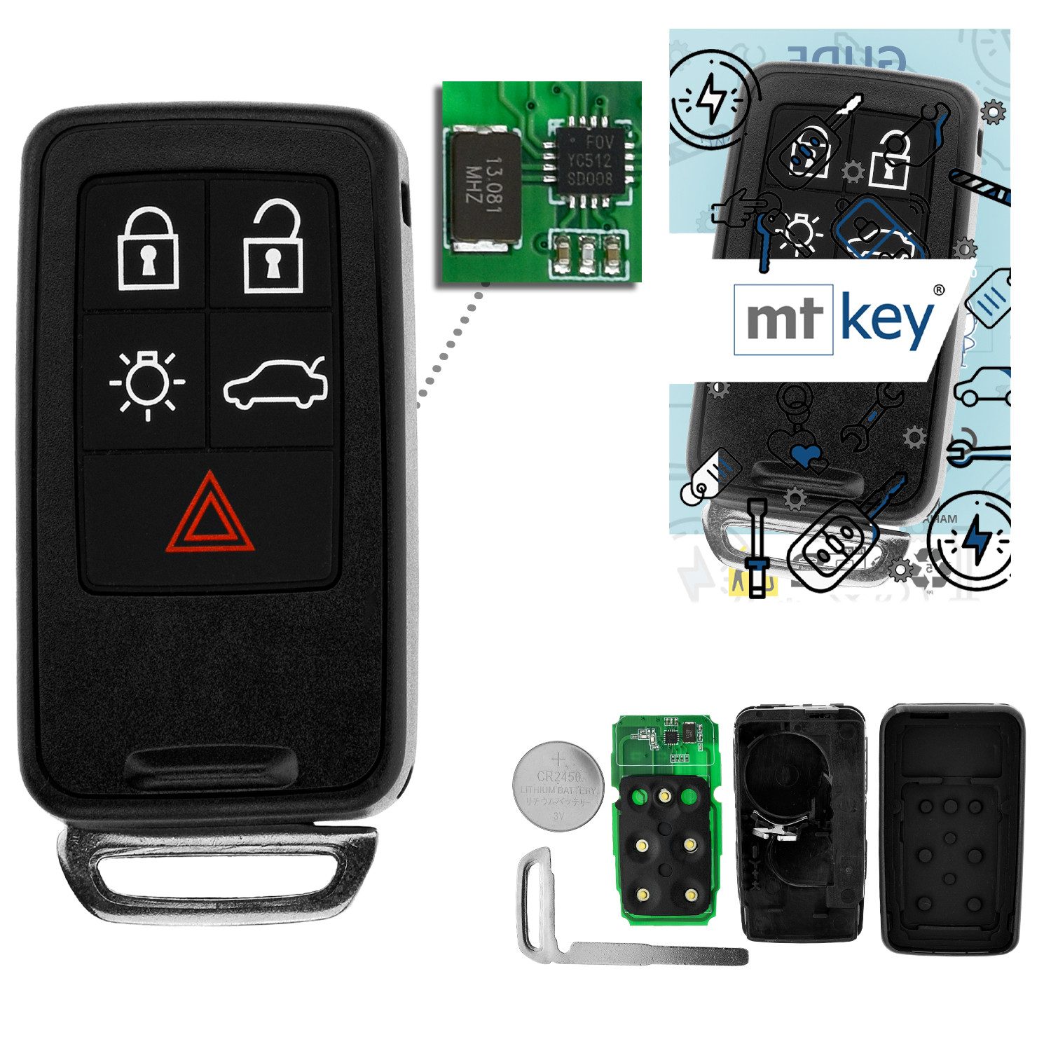 mt-key Schlüsseltasche 5 4+1 Tasten Auto Funkschlüssel Fernbedienung 434MHZ (Set), für Volvo S60 (Typ 1, 11–18); S80 (Typ 1, 07–16); V40 (Typ 1, 13–1...