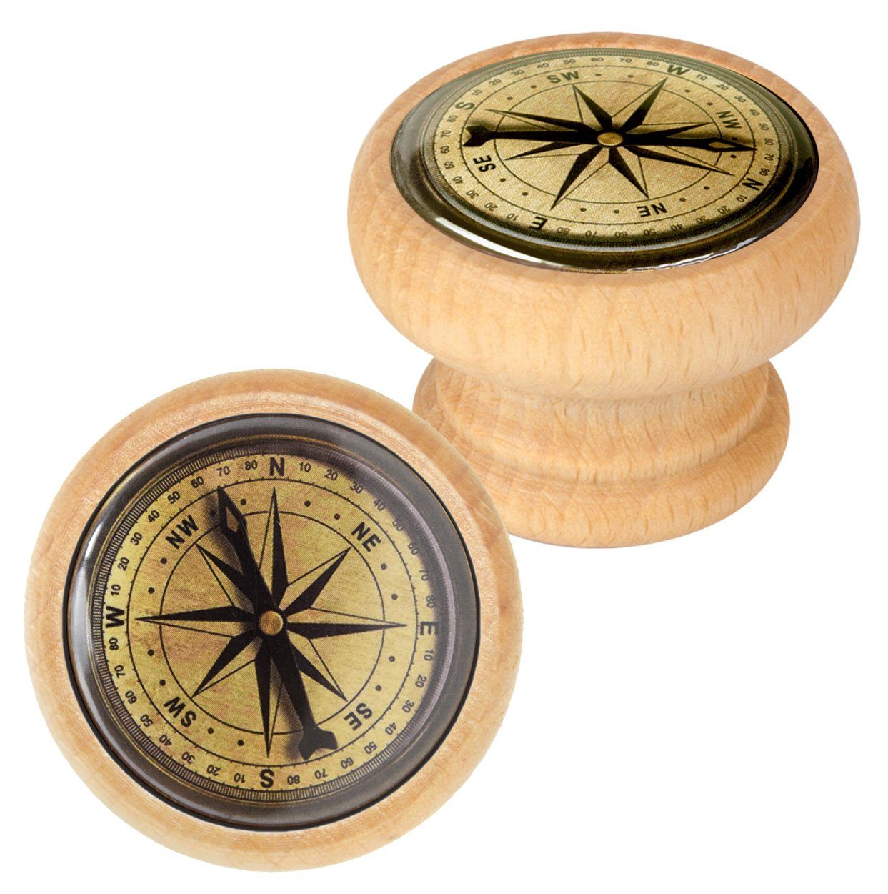 Kompass-Motiv Runde 6-St), Holz Möbel Ø, (Set, Möbelgriffe Knöpfe aus Kompass 4 Möbelgriff Lashuma mit cm