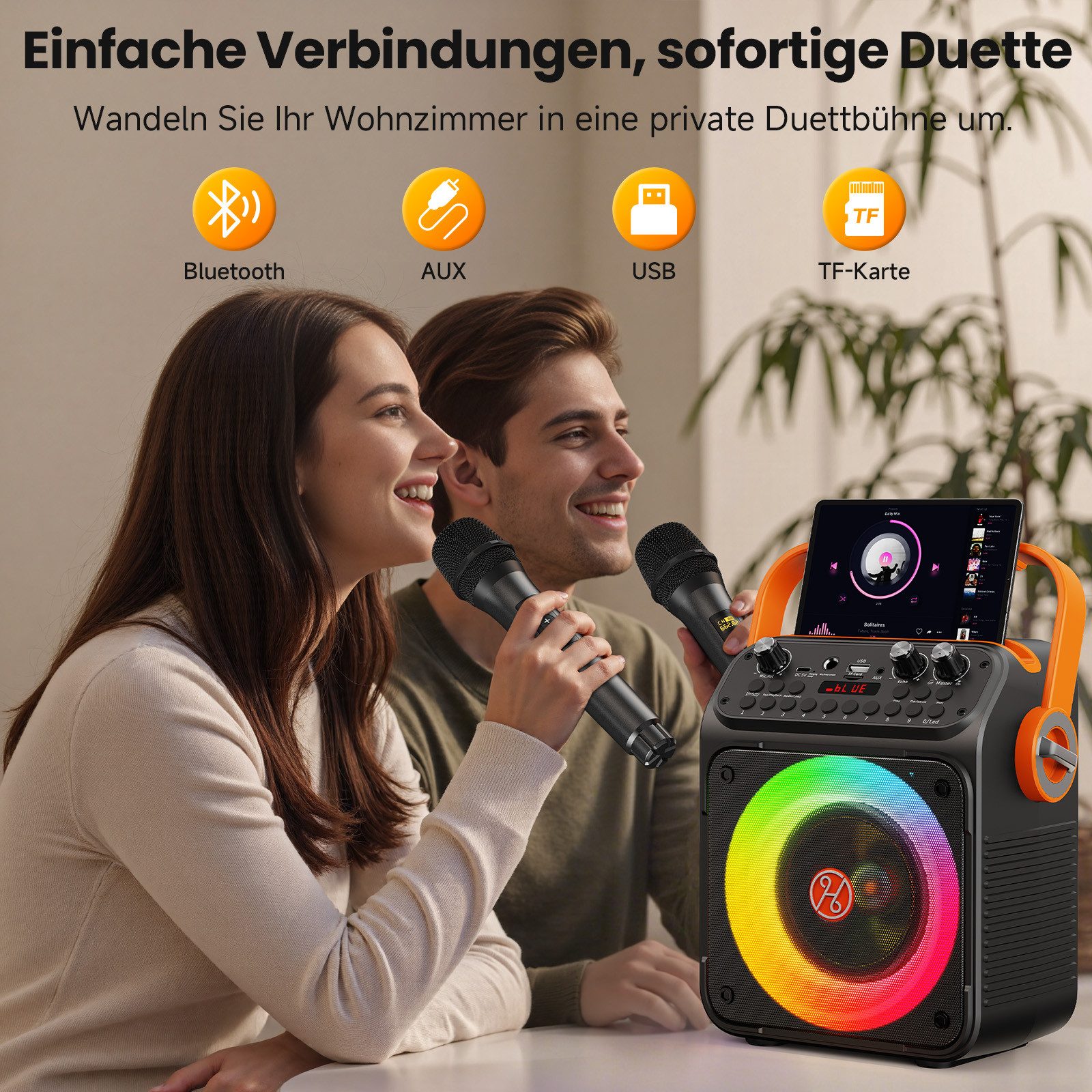 JYX Karaoke Maschine mit 2 Mikrofonen Bluetooth-Lautsprecher 1 (Bluetooth 5.0, mit LED Lichteffekten für Party & Geburtstag (ohne Tablet) – Bild 4 von 5