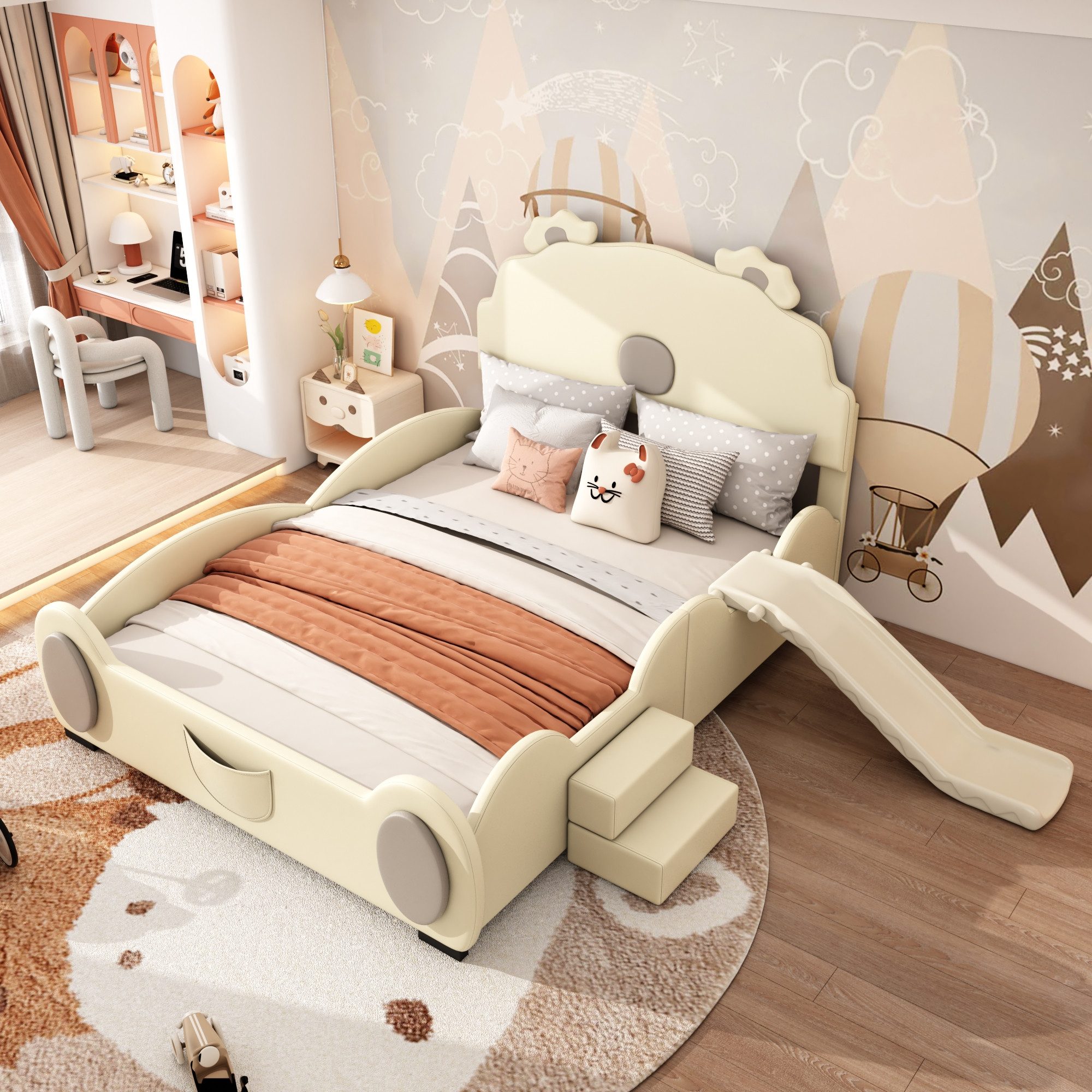 IDEASY Kinderbett 140x200cm, Cartoon Bett, Bärenbett, Betten für Jungen und Mädchen (Jugendbett mit Rutsche und Leite), Polsterbett mit Aufbewahrungstasche am Bettende