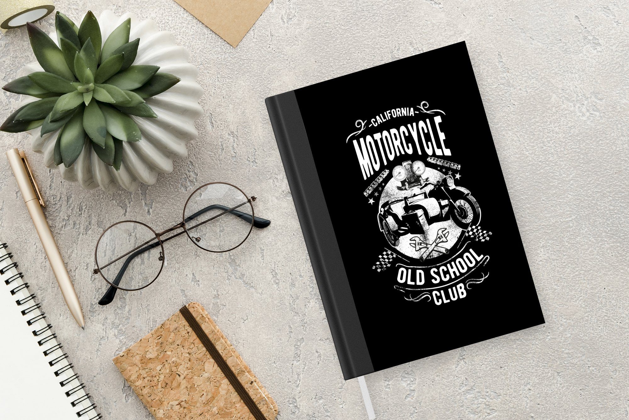 MuchoWow Notizbuch Retro-Illustration des Tagebuch, California einem auf 98 Notizheft, Haushaltsbuch Journal, Club Motorcycle Merkzettel, A5, Seiten, schwarzen