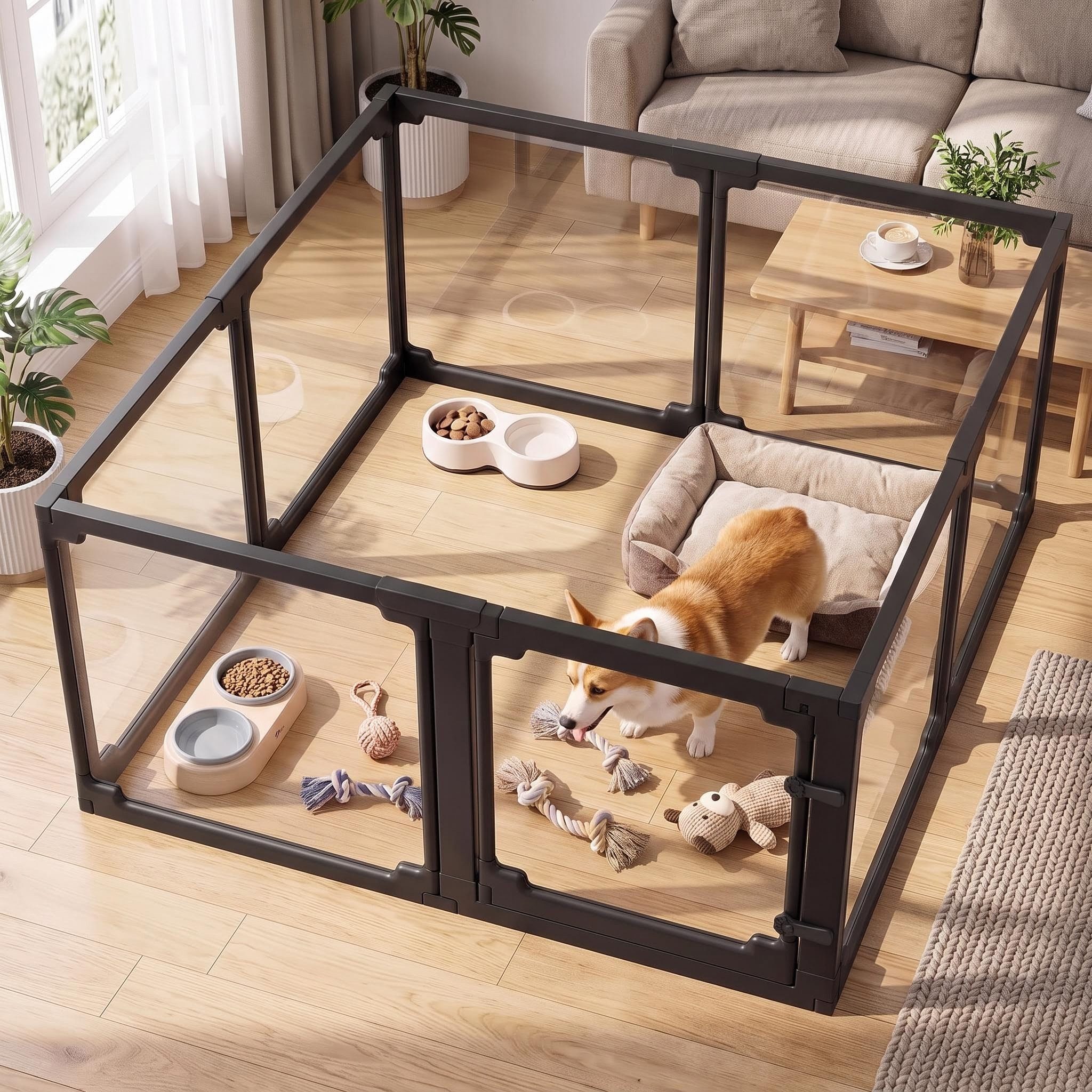 TLGREEN Freigehege Acryl Welpenauslauf 125×120×60cm, mit Tür, modularer Kleintierzaun, 8 Platten mit Anti-Rutsch-Füßen von TLGREEN