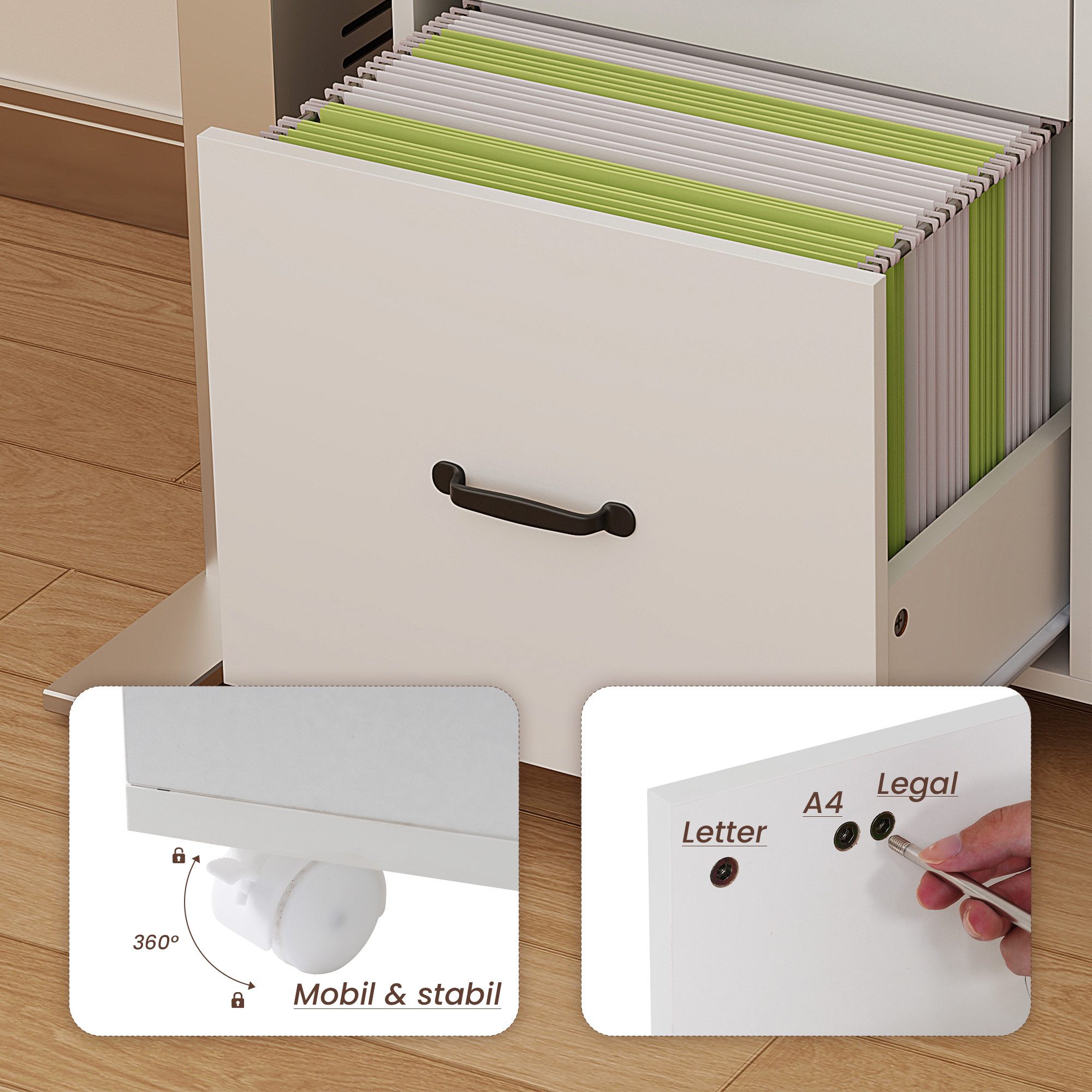 JOIVI Aktenschrank Aktenschrank mit Räder (mit 3 Schubladen und 2 offenen Ablagen, 2-tlg Mobiler Druckertisch für A4, Legal, Letter) ideal für Büro, Arbeitzimmer, Wohnzimmer, Weiß