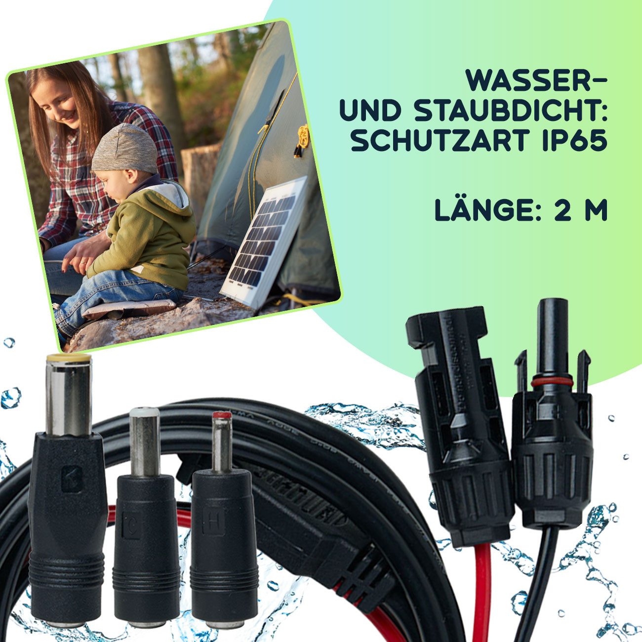 Casativo Solarmodul Anschlusskabel 2m MC4 zu DC 5,5x2,1mm IP65 wetterfest Solarkabel, (200 cm), 2m Solarkabel mit MC4-Stecker & Hohlstecker-Adaptern – Bild 5 von 5