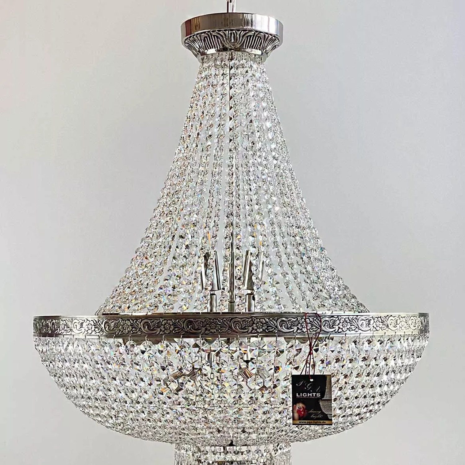 PGA-Lights Hängeleuchte Kristall Korblüster PLAZA Ø60cm Silber gefertigt aus Kristallen