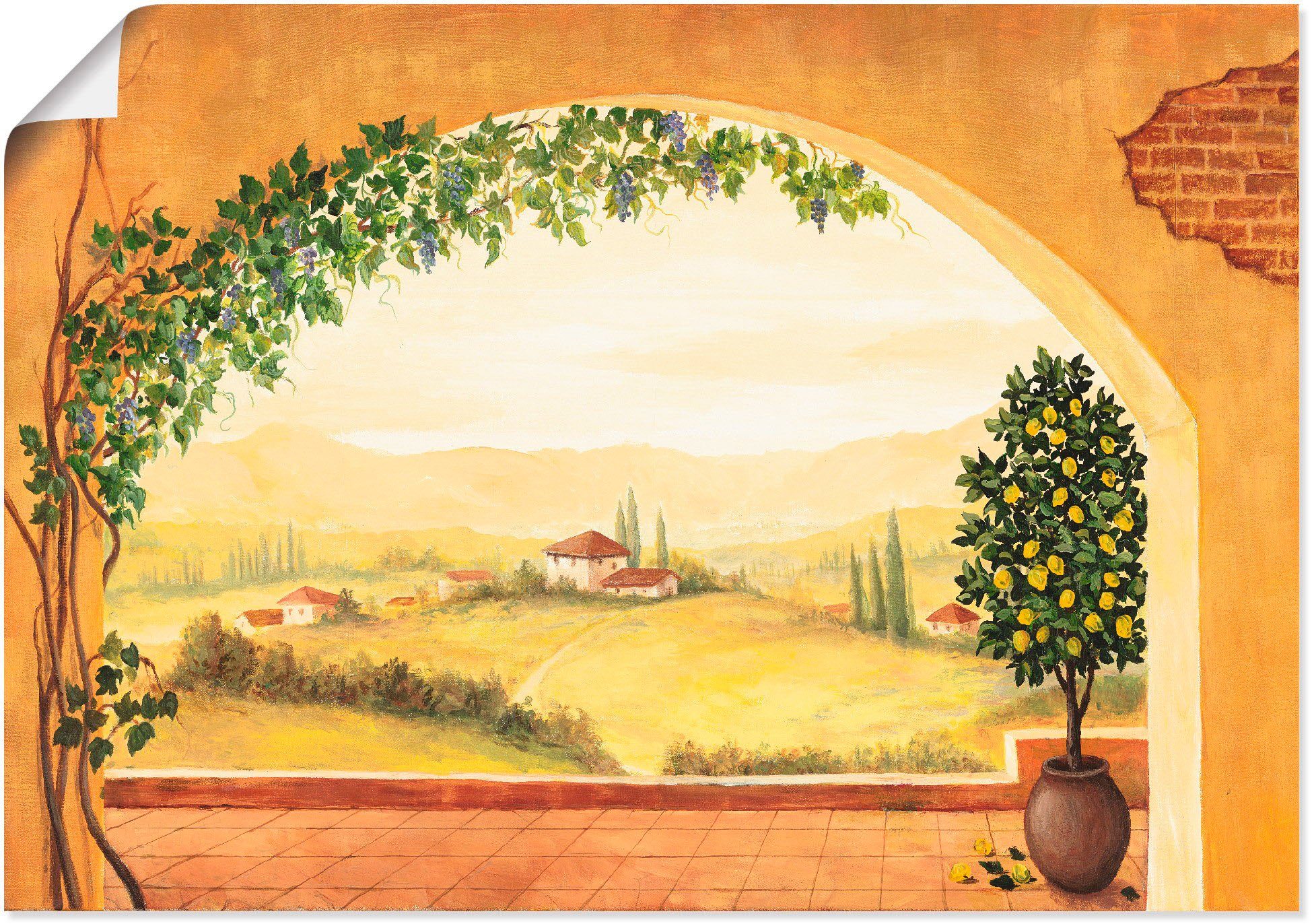 Artland Wandbild Leinwandbild, Größen Weinranken (1 vor Toskanalandschaft, Poster oder Wandaufkleber Fensterblick der als St), versch. in Alubild