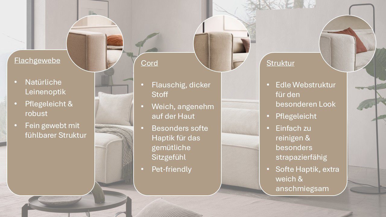 LeGer Home by Lena Gercke Ecksofa PIARA mit Kedernaht, Cord, Leinenoptik o. Strukturstoff, Couch, L-Form, wahlweise Ottomane rechts/links, schwarze Füße, bequemer Sitzkomfort
