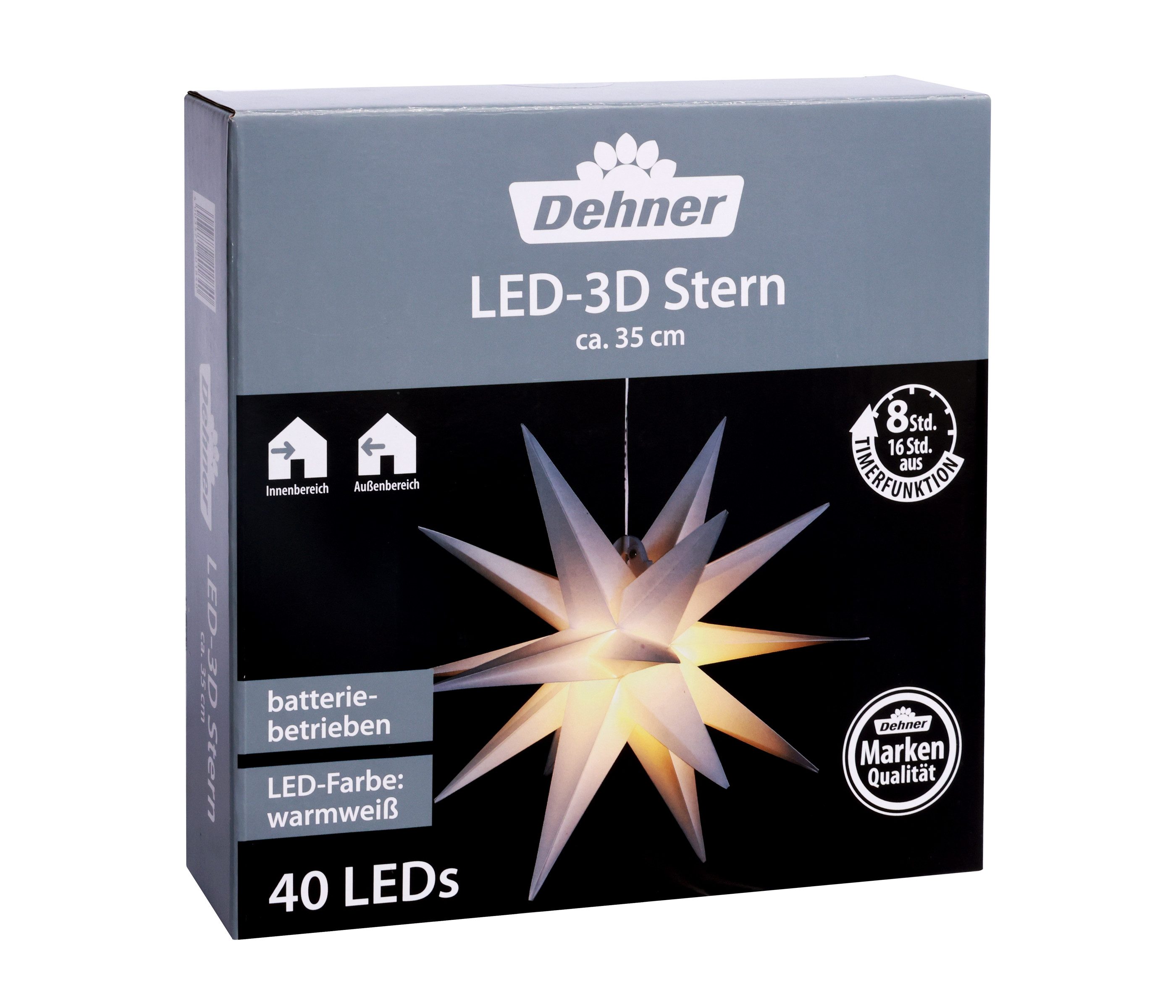 Dehner LED-Lichterkette 3D-LED-Stern, mit 40 warmweißen LEDs, Ø 35 cm, Kunststoff, weiß, Weihnachtsstern inkl. Timer, Indoor und Outdoor