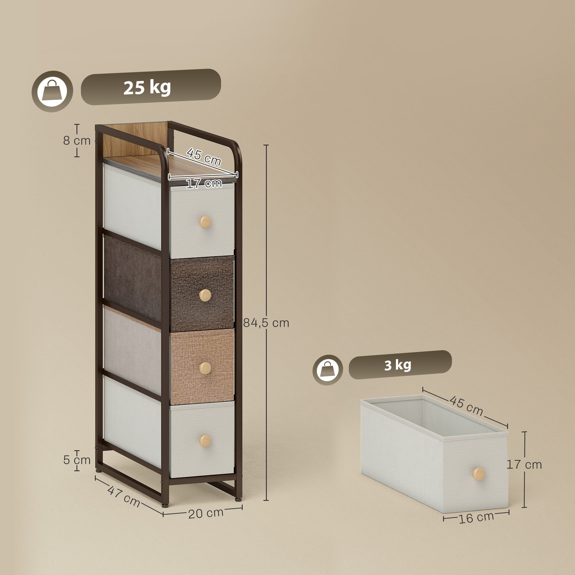 HOMCOM Kommode Schubladenschrank mit Stahlrahmen, Sideboard Mehrfarbig (Schrank mit 4 Schubladen, 1 St., Aufbewahrungsschrank), Schmal für Lücken