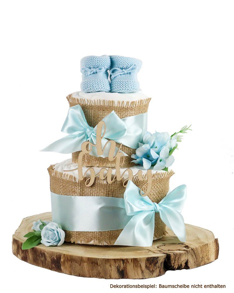 dubistda-WINDELTORTEN- Neugeborenen-Geschenkset Windeltorte ALLES JUTE mit "Oh Baby"-Holz Caketopper und Baby Booties